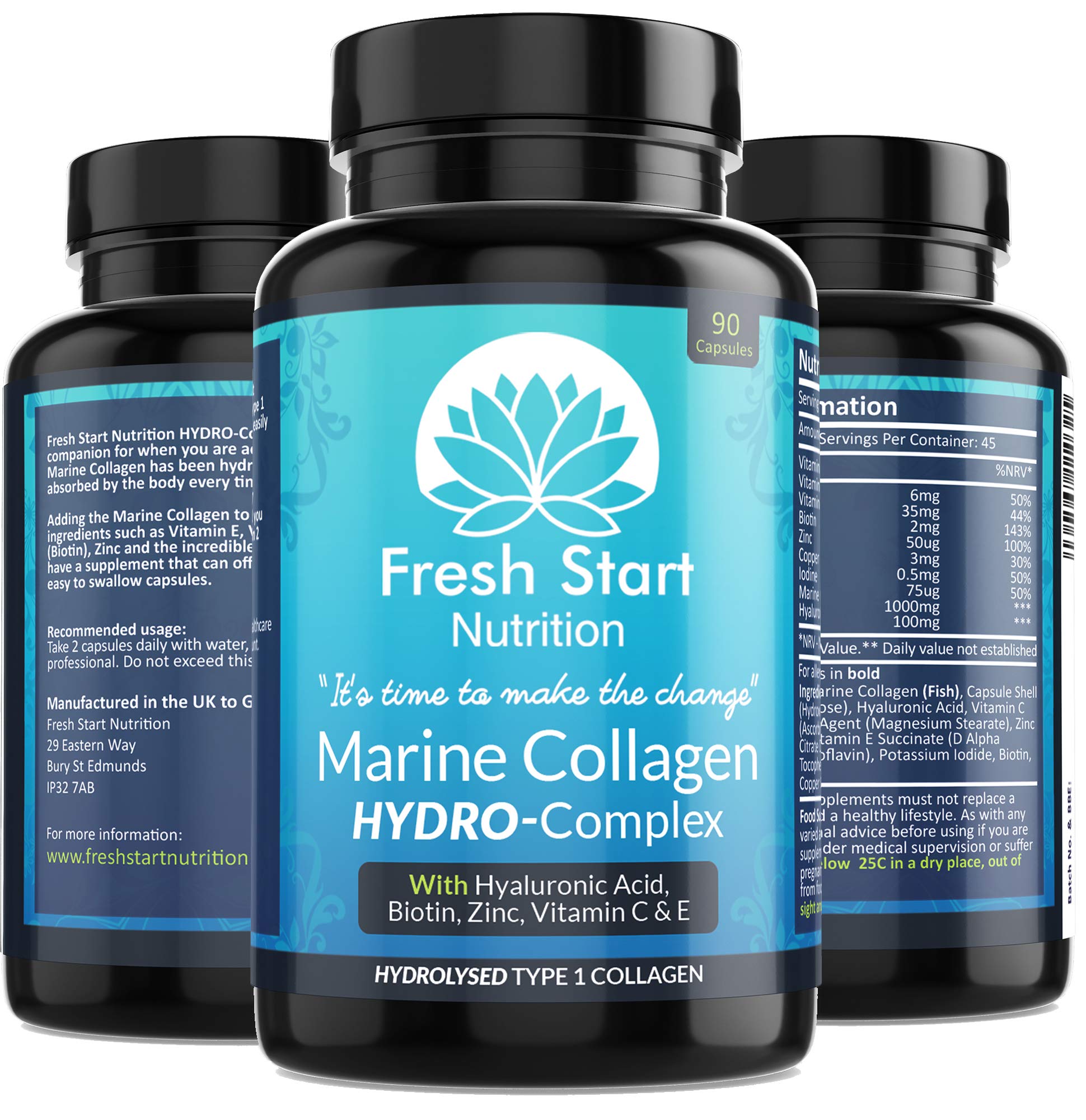 Marine Collagen Tablets 1000mg - 90 Premium Type 1 Hydrolysed Collagen Capsules with Hyaluronic Acid Fresh Start Nutrition uk supplements