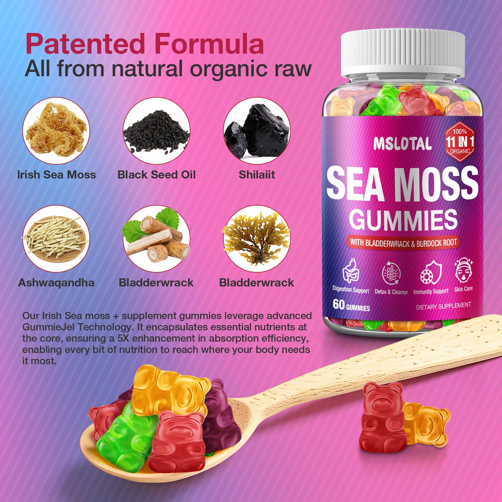 MSLOTAL Irish Sea Moss Gummies with Ashwagandha Bladderwrack and Burdock Root - Natural Irish Seamoss Supplement for Thyroid, Energy, Immune Support - 60 Vegan Gummy MSLOTAL uk supplements