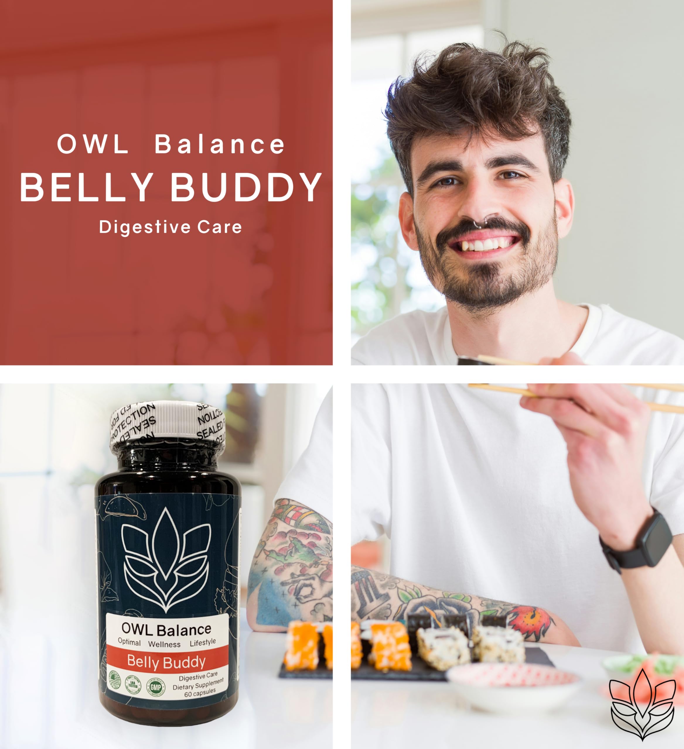 Belly Buddy Advanced Gut Health Support containing a helthy Blend of Probiotics, Prebiotics, and Digestive Enzymes OWL Balance uk supplements