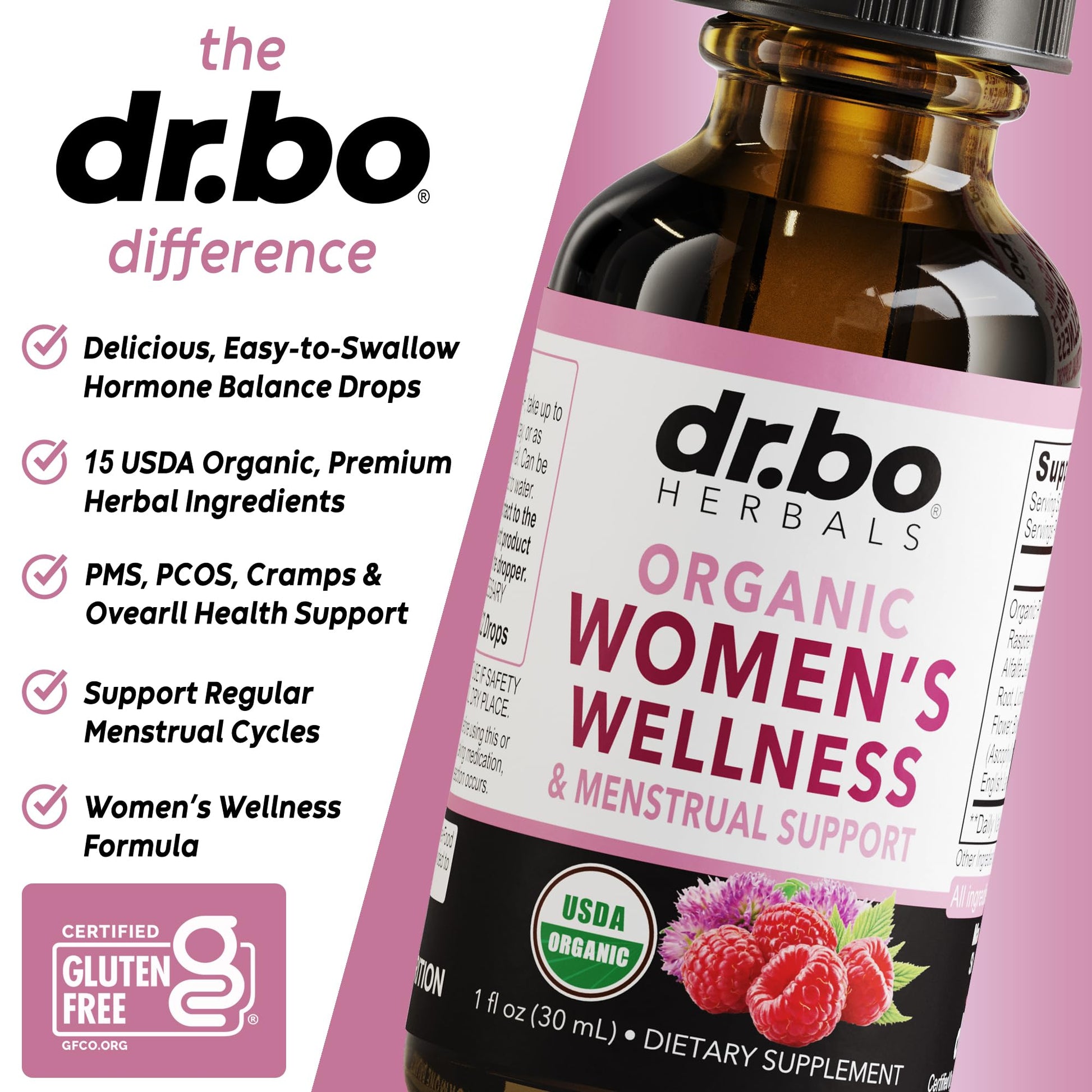 Hormone Balance for Women & PMS Relief - Women's Wellness Organic Hormonal Balance Supplements Liquid Drops & Menstrual Cramp Period Support - Raspberry Leaf, Chasteberry, Black Cohosh Supplement 1 Oz DR. BO uk supplements