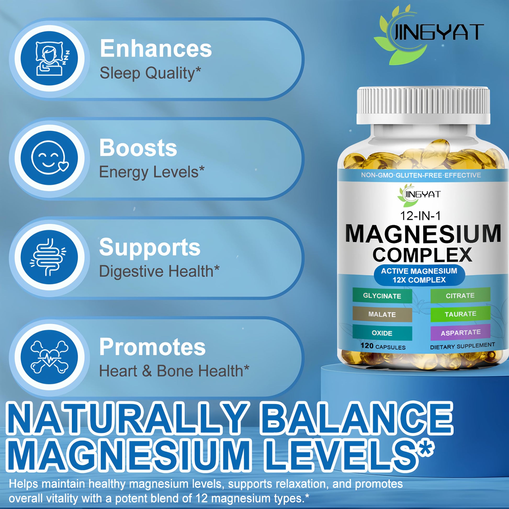 Magnesium Complex Softgels - 12-in-1 Magnesium Supplement with Glycinate,Citrate,Malate,Oxide,Taurate - High Absorption Magnesium Complex for Women & Men for Muscle, Heart, Sleep, Bone, Nerve Support JINGYAT uk supplements