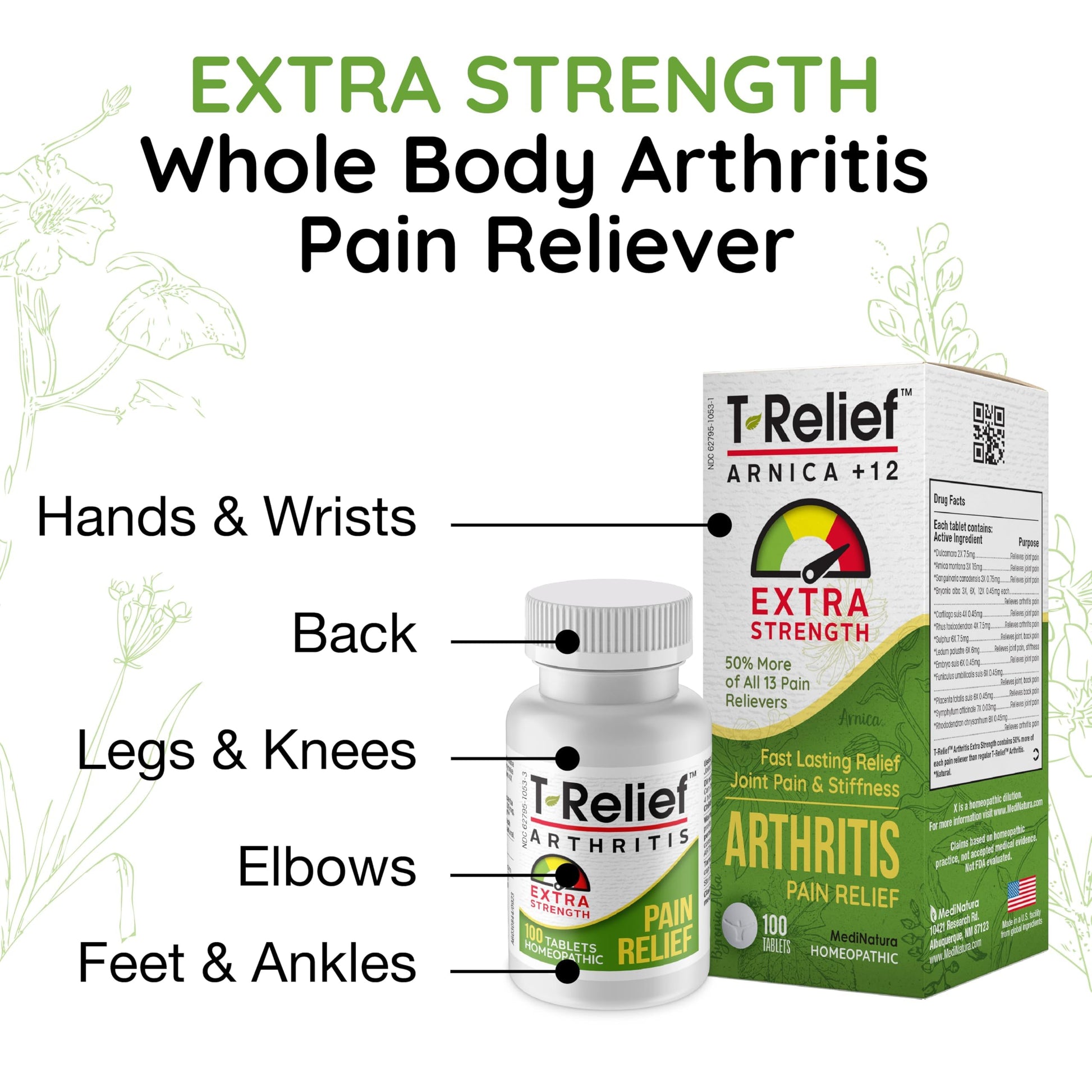 T-Relief Extra Strength Arthritis Pain Reliever Arnica +12 Natural Medicines for Joint Soreness Stiffness Aches, Quick Dissolving Pain Relief for Women & Men - 100 Tablets MediNatura uk supplements