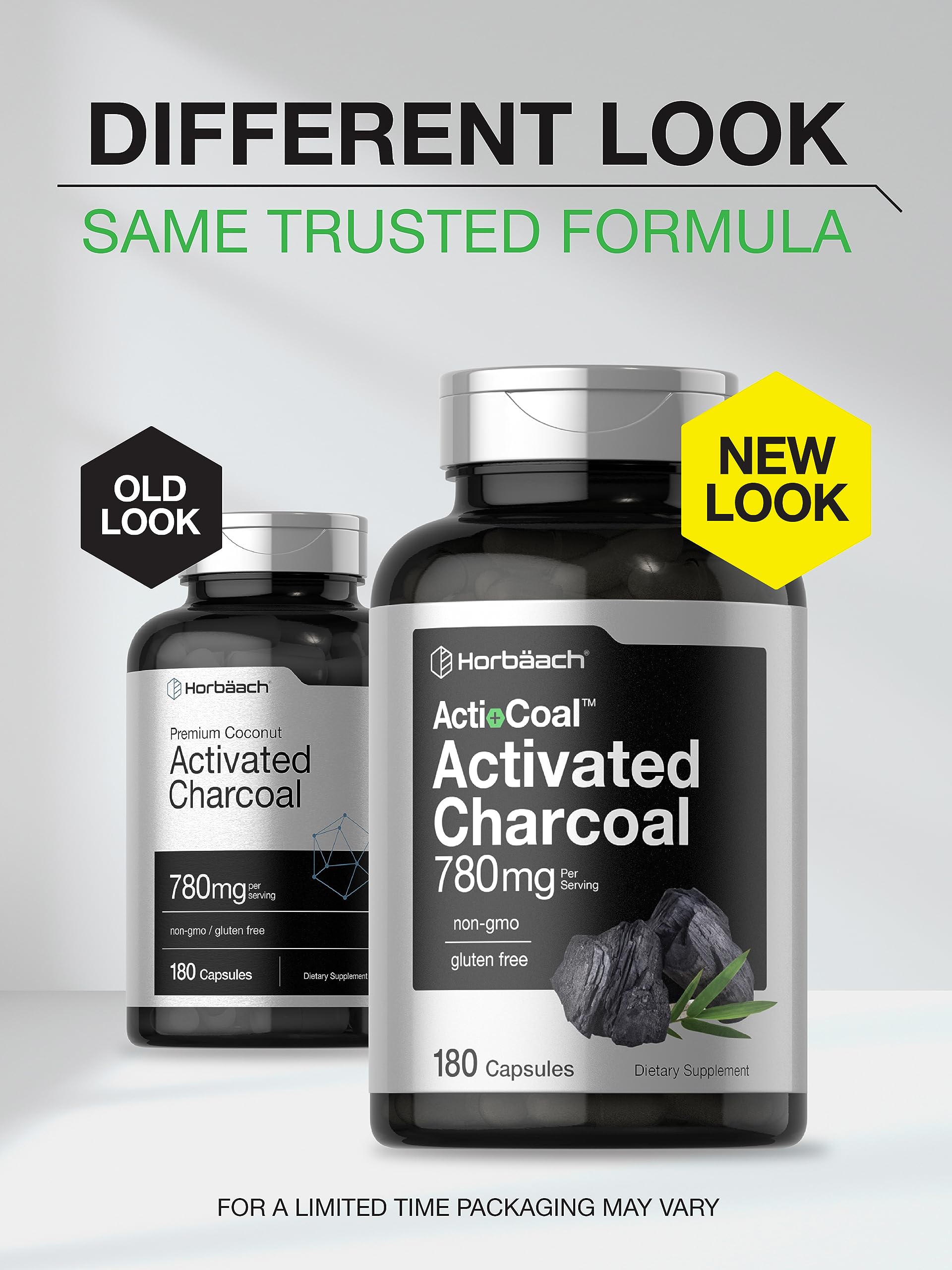 Charcoal Pills 780mg | 180 Capsules | Activated Charcoal from Coconut Shells | Non-GMO Horbäach uk supplements