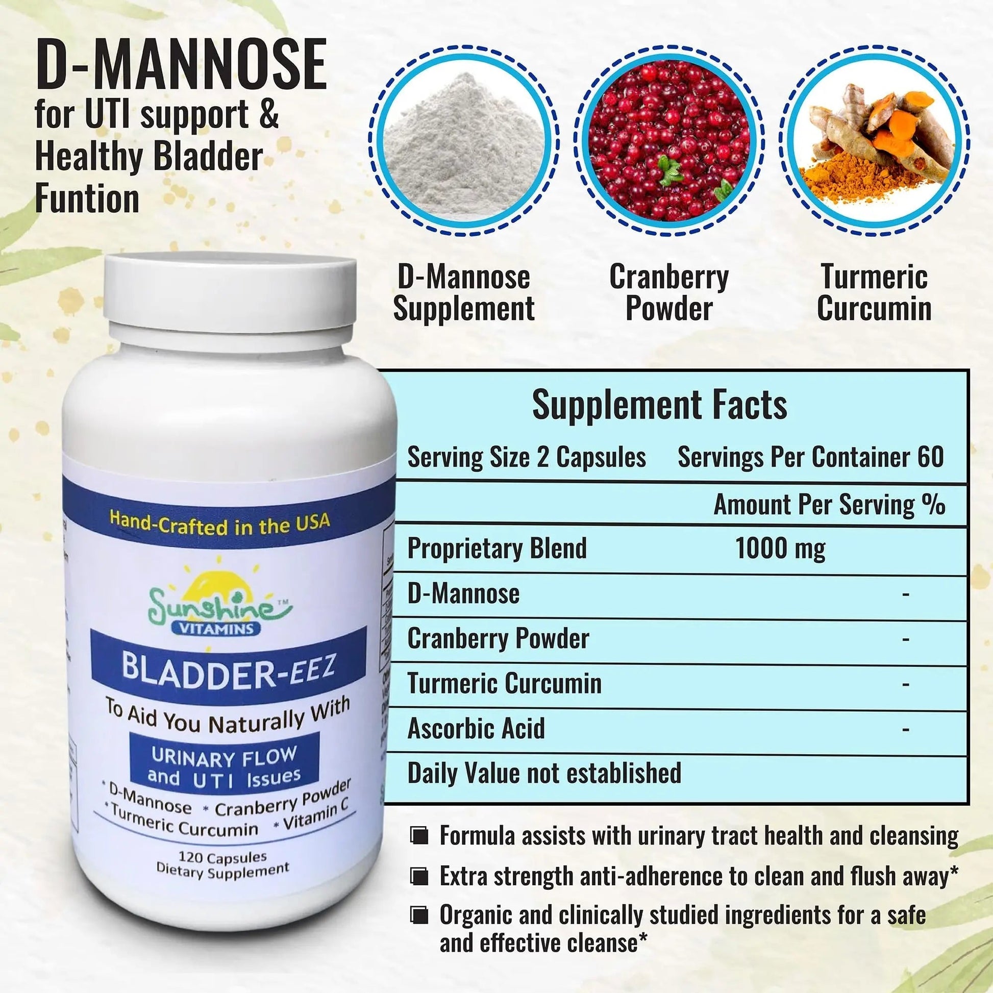 Sunshine Vitamins Bladder-EEZ | All-Natural Bladder Infection UTI Relief Support for Women with D-Mannose | Urinary Tract Infection Health with Immune System Support (1 Bottle of 120 Capsules) Sunshine Vitamins uk supplements