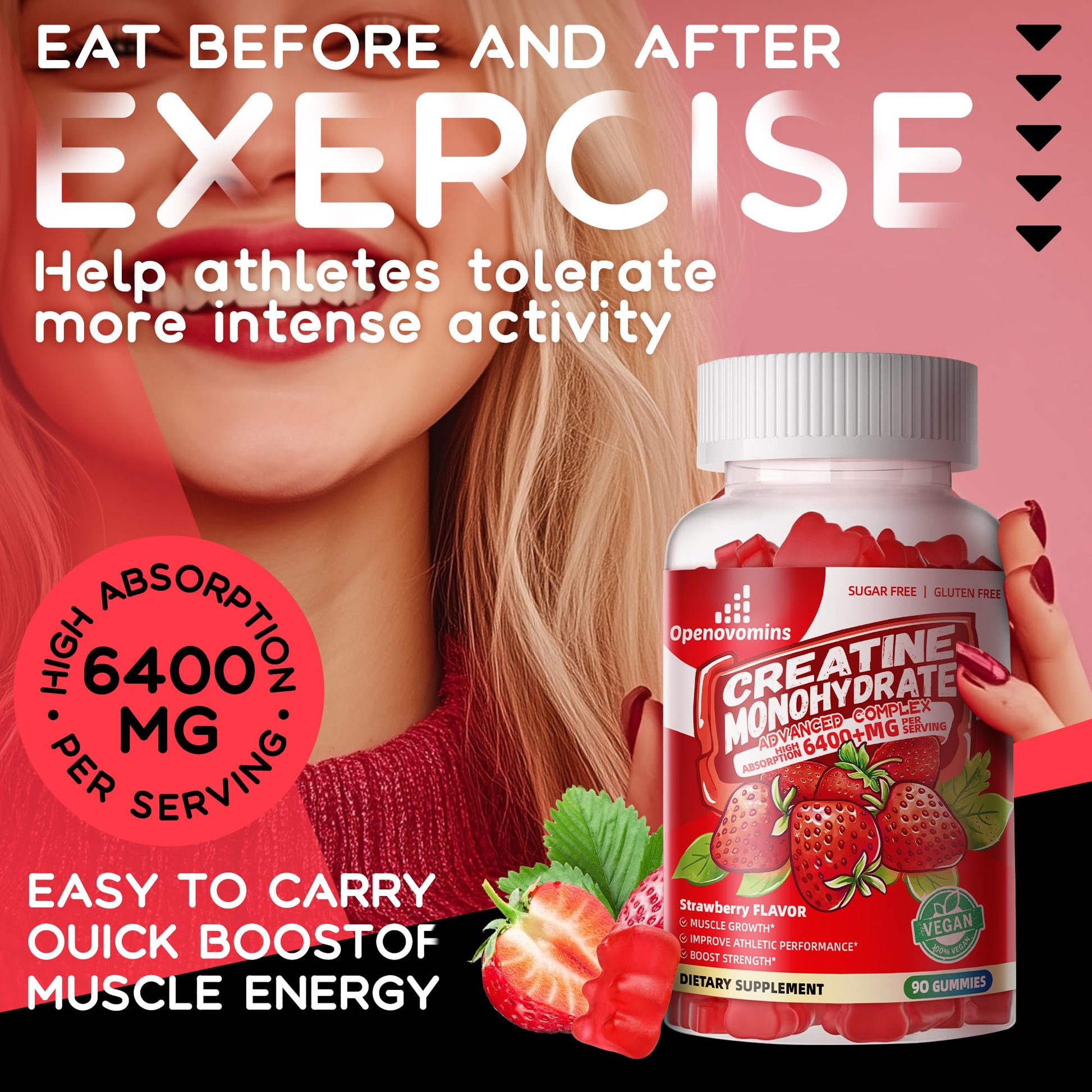 Creatine Monohydrate Gummies Complex for Men & Women -Advanced Formula W/L-Taurine + Vitamin B12, Sugar Free Chewable Supplement,90 Strawberry Gummies Openovomins uk supplements