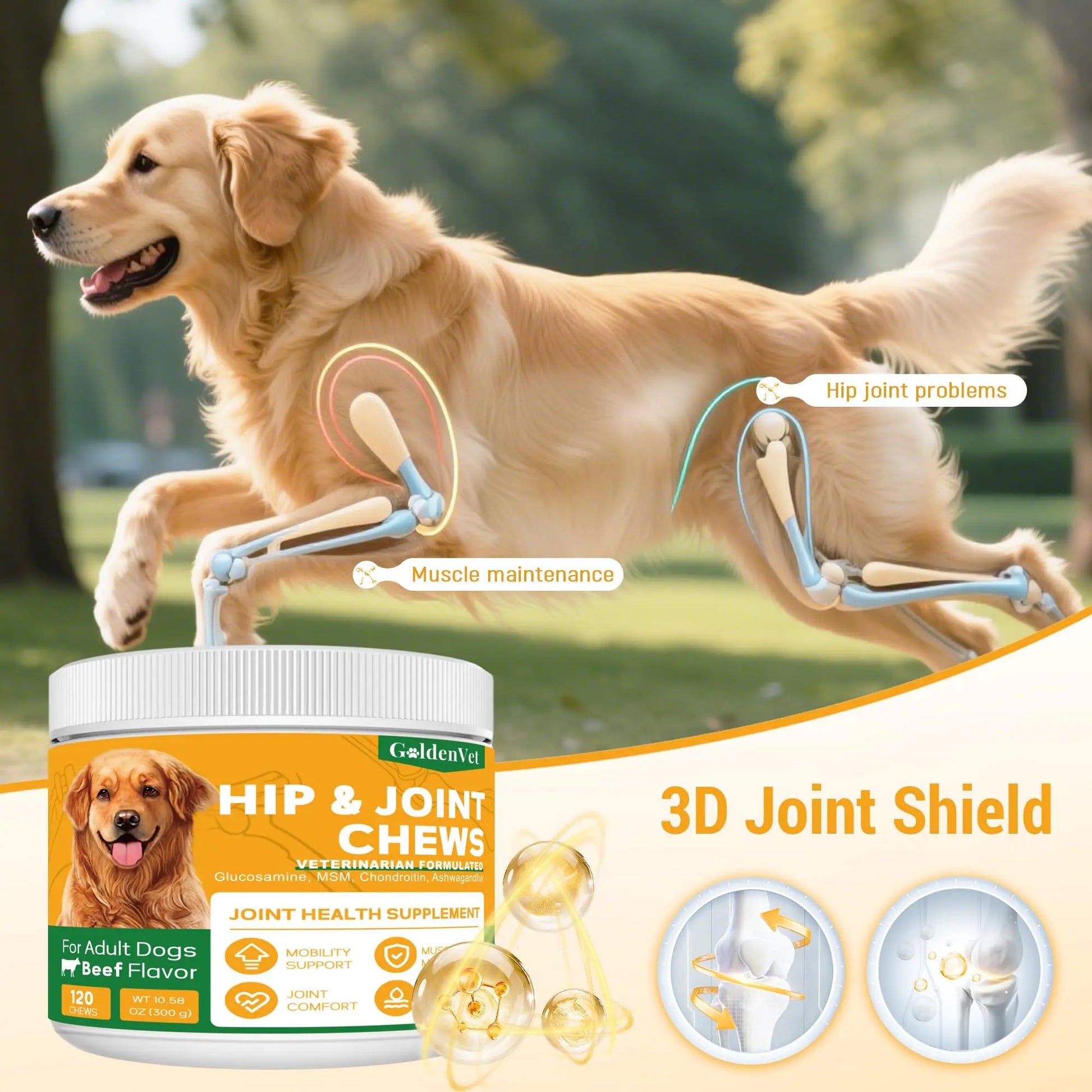 Hip and Joint Chews for Senior Dogs with Glucosamine HCL, Chondroitin, Green-lipped Mussel, Ashwagandha for Anti Inflammatory, Mobility Support, Muscle Maintenance, Joint Comfort 120 Ct GOLDENVET uk supplements