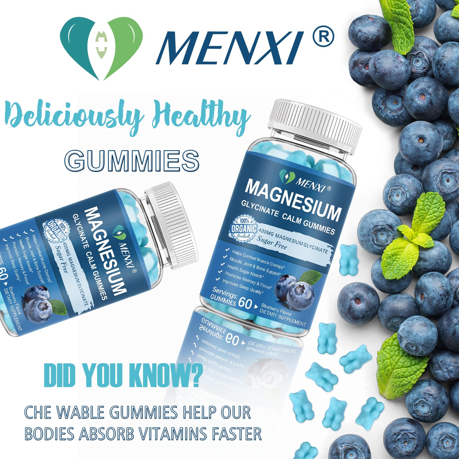 Magnesium Gummies 600mg per Serving-Magnesium Glycinate 400mg and Magnesium Malate 200mg,Sugar Free Magnesium Potassium Supplement for Calm Mood, Muscle, Bone & Sleep Support,60 Blueberry Gummies MENXI uk supplements