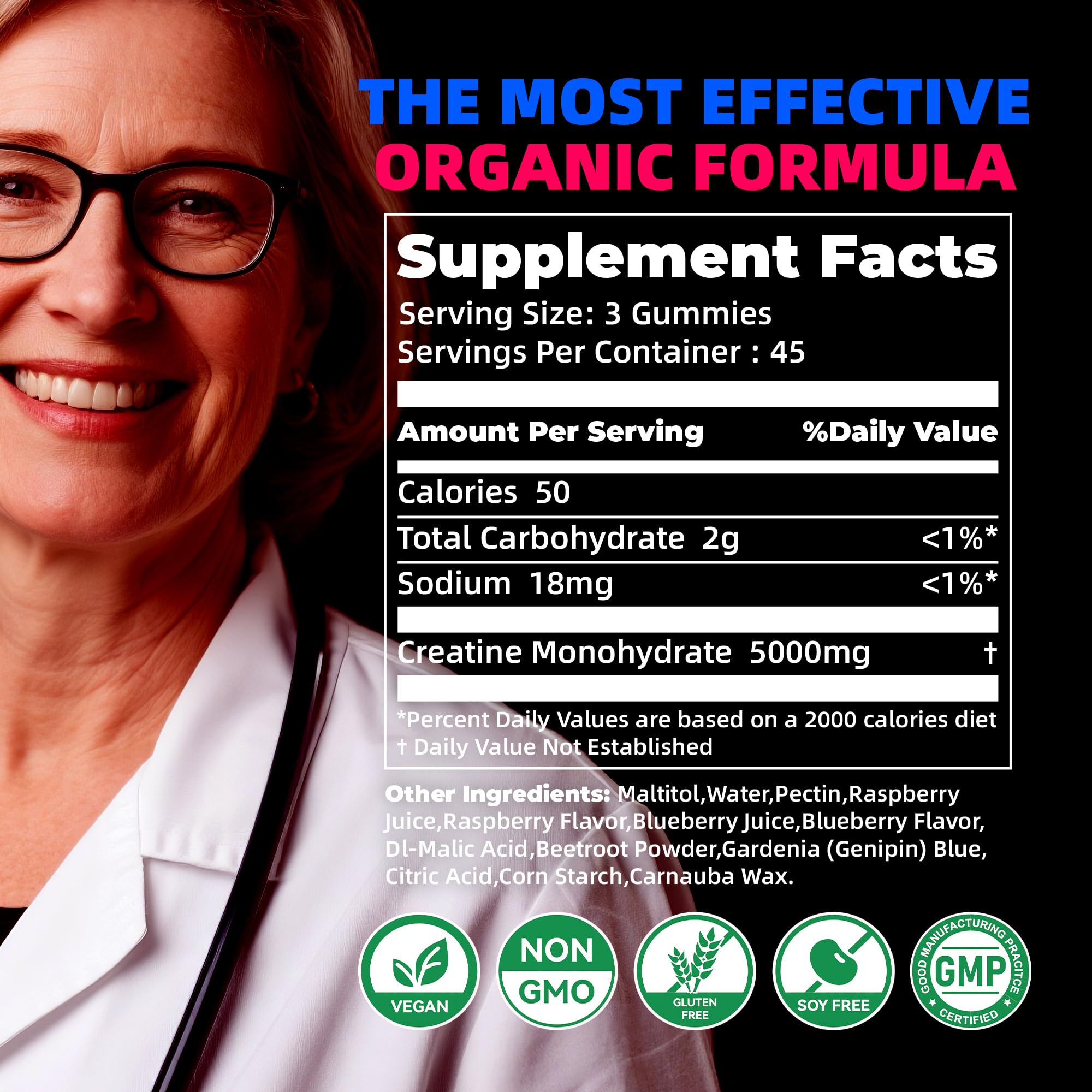 NSF Certified Creatine Gummy 5g - Creatine Monohydrate Gummies for Men & Women. Boost Focus,Strength, and Endurance, Anti-Melting Formula, Vegan, Gluten-Free, Non-GMO,(Raspberry & Blueberry 135 ct) Allcoovita uk supplements