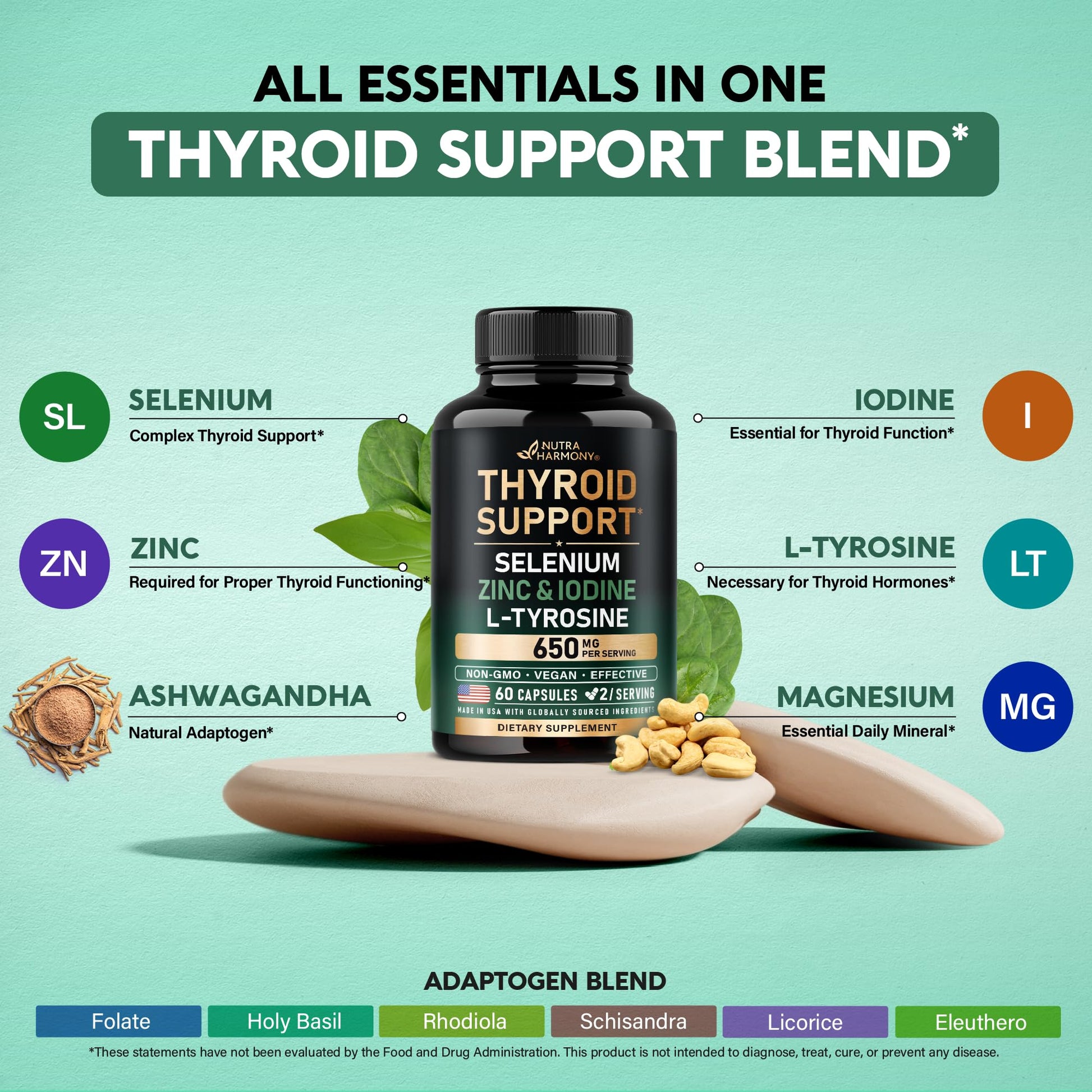 Thyroid Support for Women - Selenium 200 mcg | Astragalus | Zinc & Iodine | L-Tyrosine | Adaptogen Herbs - 21-in-1 Antioxidant & Immune Support - Made in USA - Vegan, Non-GMO, Lab Tested - 60 Capsules NUTRAHARMONY uk supplements