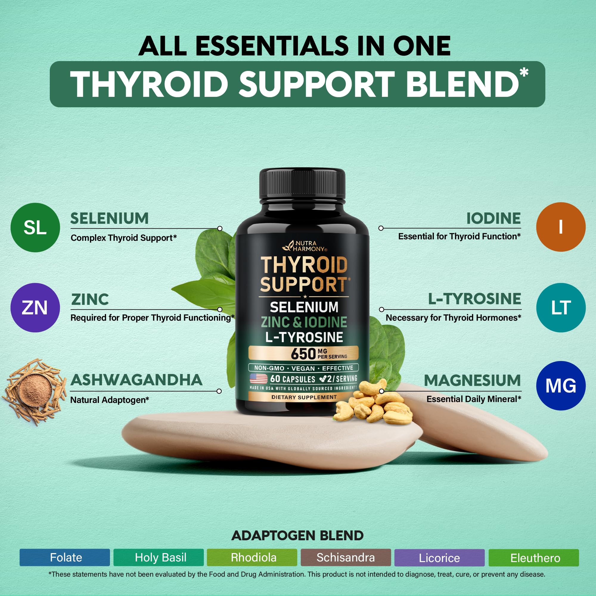 Thyroid Support for Women - Selenium 200 mcg | Astragalus | Zinc & Iodine | L-Tyrosine | Adaptogen Herbs - 21-in-1 Antioxidant & Immune Support - Made in USA - Vegan, Non-GMO, Lab Tested - 60 Capsules NUTRAHARMONY uk supplements
