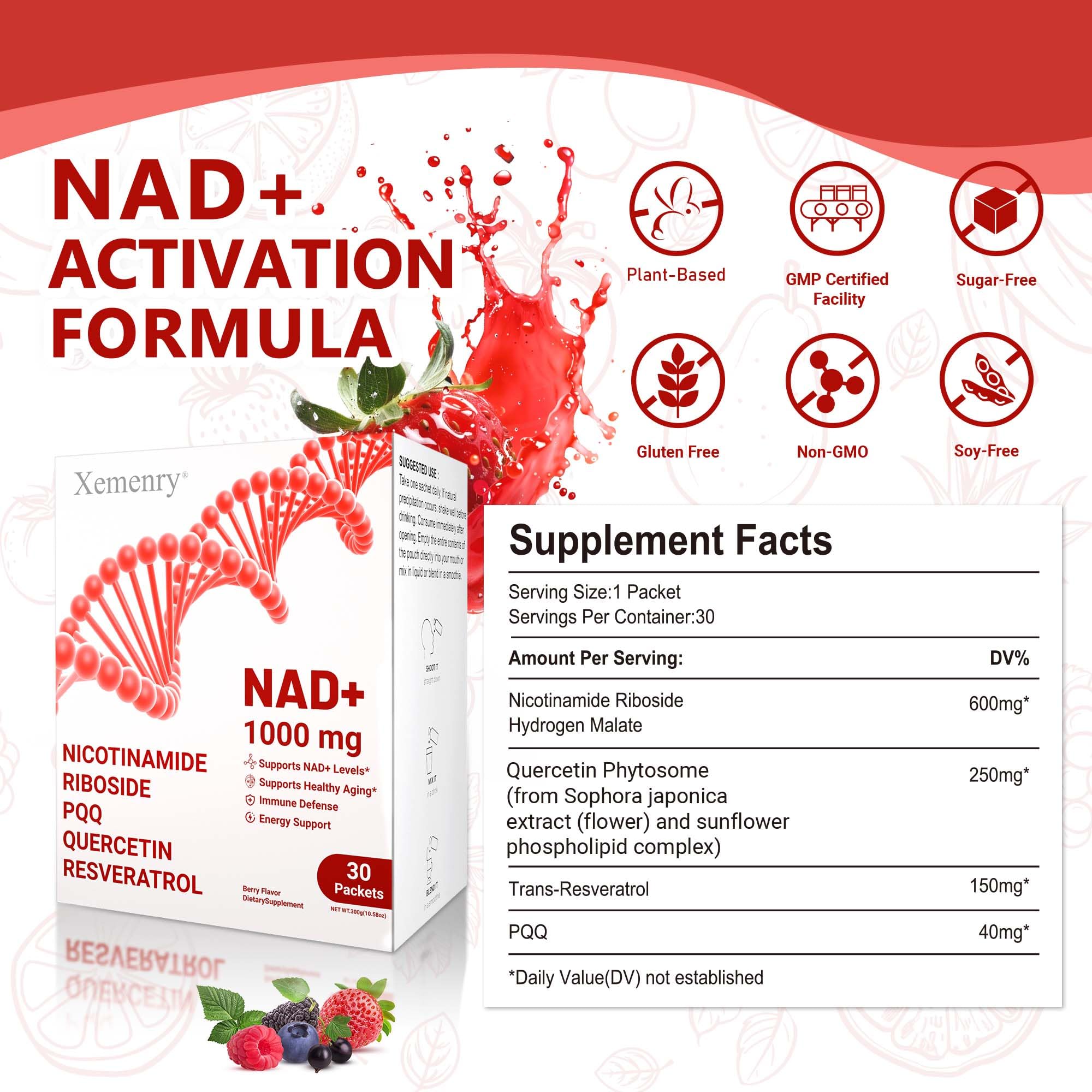 NAD Supplement 1000mg Liquid - Nicotinamide Riboside Resveratrol Supplements for Men & Women - NMN Alternative for Enhanced Energy & Anti-Aging, Focus - 30 Packets Xemenry uk supplements