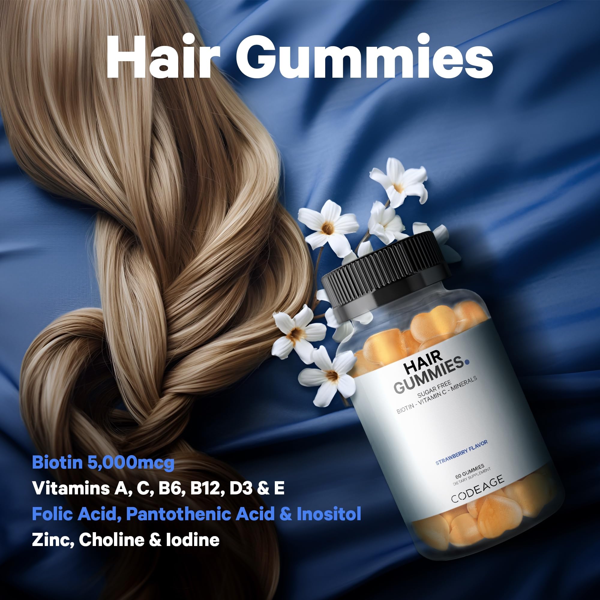 Codeage Hair Gummies, Biotin 5000 mcg, Sugar Free Growth Gummy Vitamins A, C, B6, B12, D3, Zinc, Inositol Supplement Codeage uk supplements
