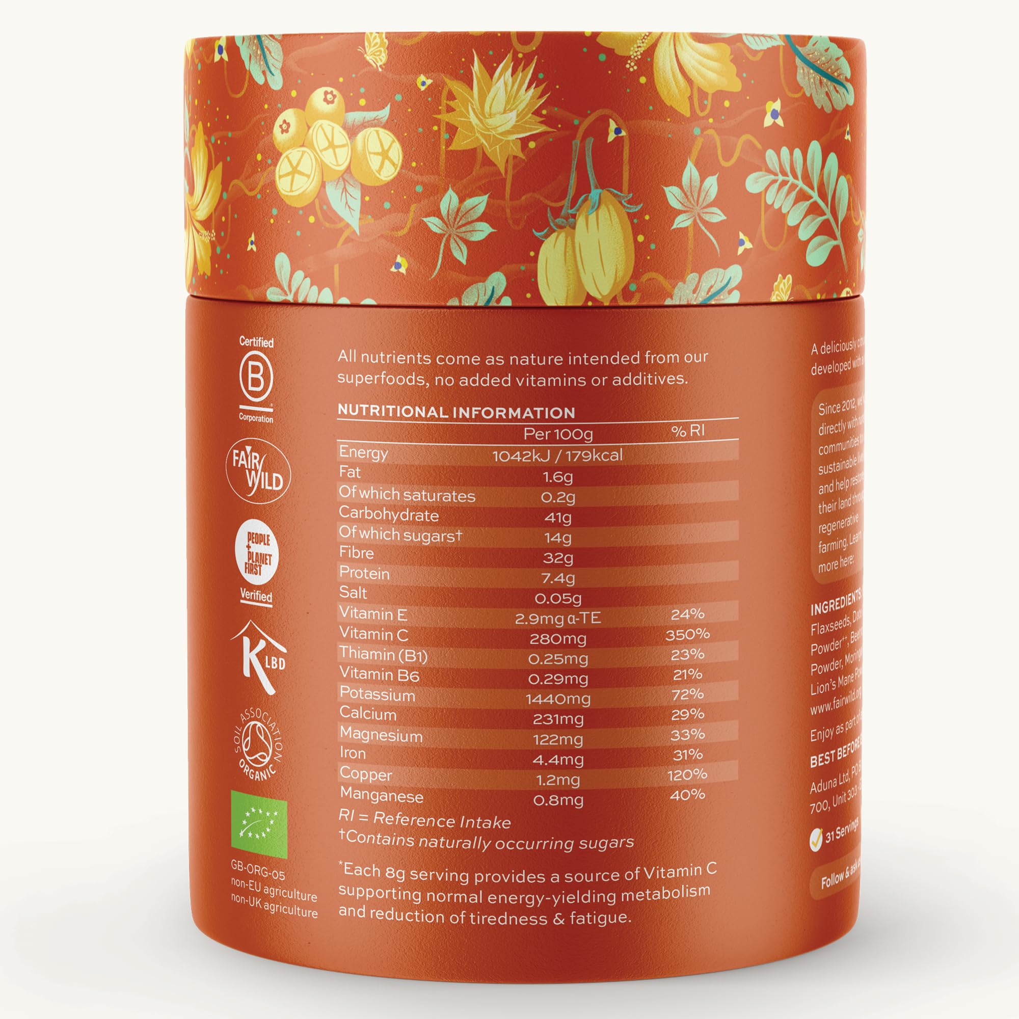 Aduna Organic Energy Superfood Blend | 100% Natural Stir-in Blend With 10+ Superfoods for Natural Energy, Focus & Reduced Tiredness | Vegan Powder for Yogurt, Juices, & Smoothies | 250g Aduna uk supplements