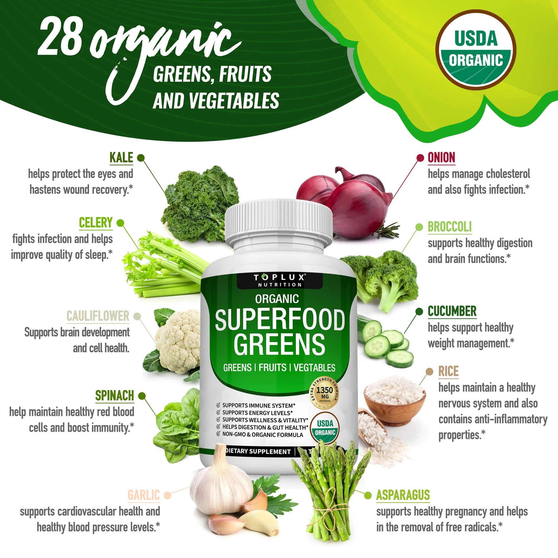 Organic Super Greens Capsules Superfood Fruit Veggie Supplement - 28 Powerful Natural Toplux uk supplements