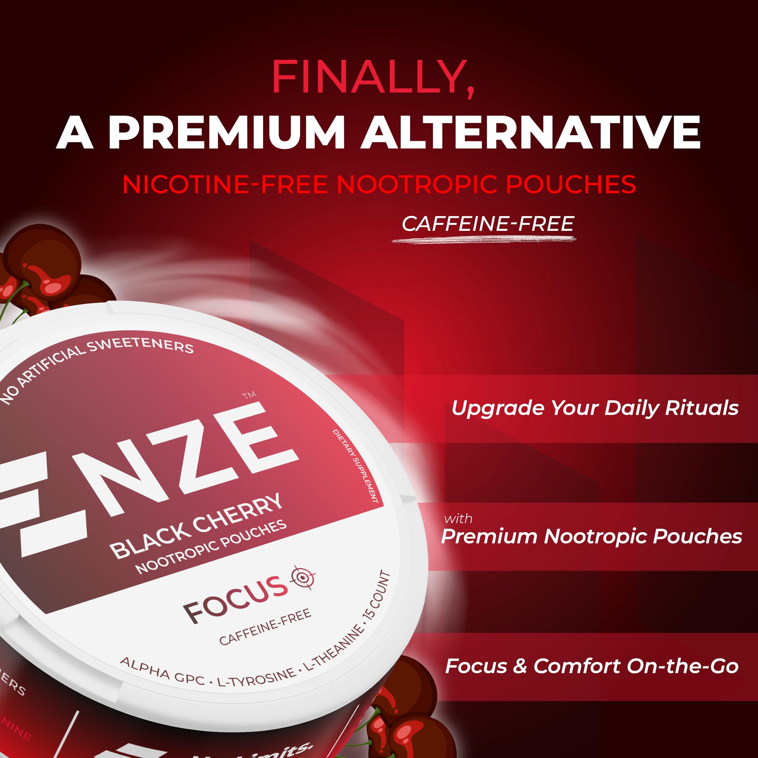 NZE Caffeine Free Nootropic Pouches (Black Cherry) - Nootropic Pouches with Alpha GPC, L-Tyrosine & L-Theanine - No Sugar or Artificial Sweeteners - 15 Pouches Per Can - 5 Pack NZE uk supplements