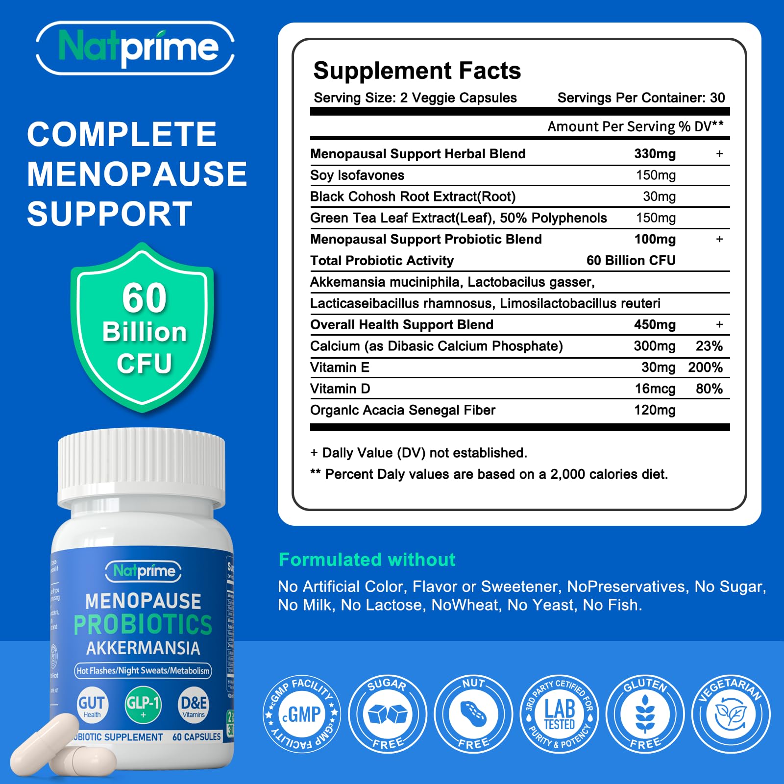 Natprime Menopause Supplements for Women - 60 Billion CFU Akkermansia Probiotic for Hormonal Balance, Night Sweats, Hot Flashes Relief, Gut Health, Mood Support & URO Viginal probiotic - 60 Ct 30 Day Natprime uk supplements