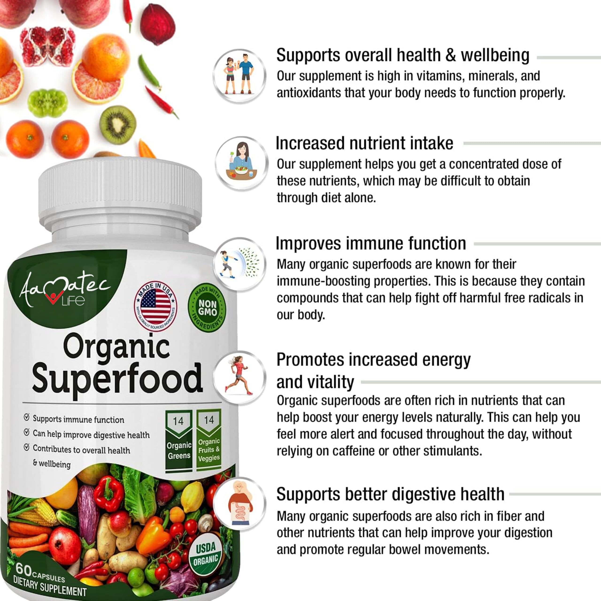AAMATEC LIFE Organic Superfood Greens Fruits and Veggies Complex - Dietary Supplement with 14 Greens &14 Vegetables with Alfalfa Rich in Antioxidants Organic Ingredients Non-GMO (120 Count Pack of 2) AAMATEC LIFE uk supplements