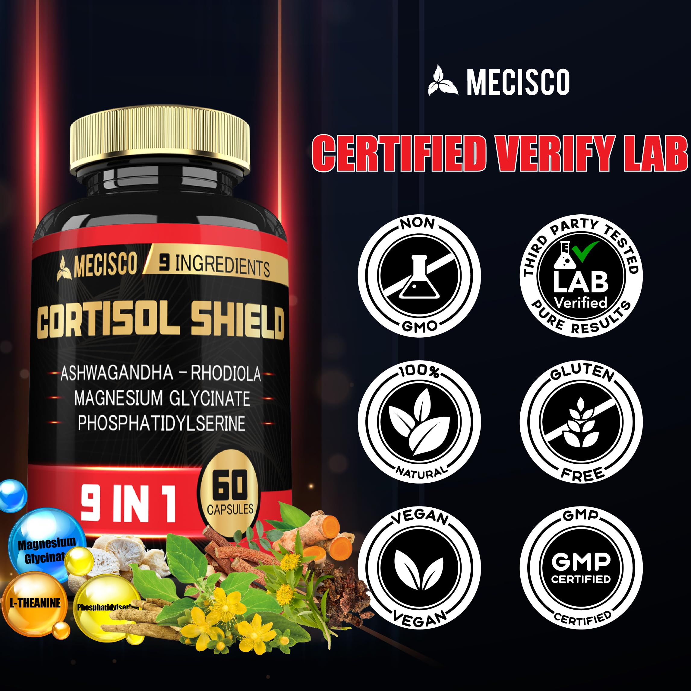 9in1 Cortisol Shield - Ashwagandha & Magnesium Glycinate, Rhodiola, Phosphatidylserine, L-Theanine, Licorice Root, St. John's Wort, Lions Mane - Mind & Mood, Restful Night Support - 60 Capsules Mecisco uk supplements