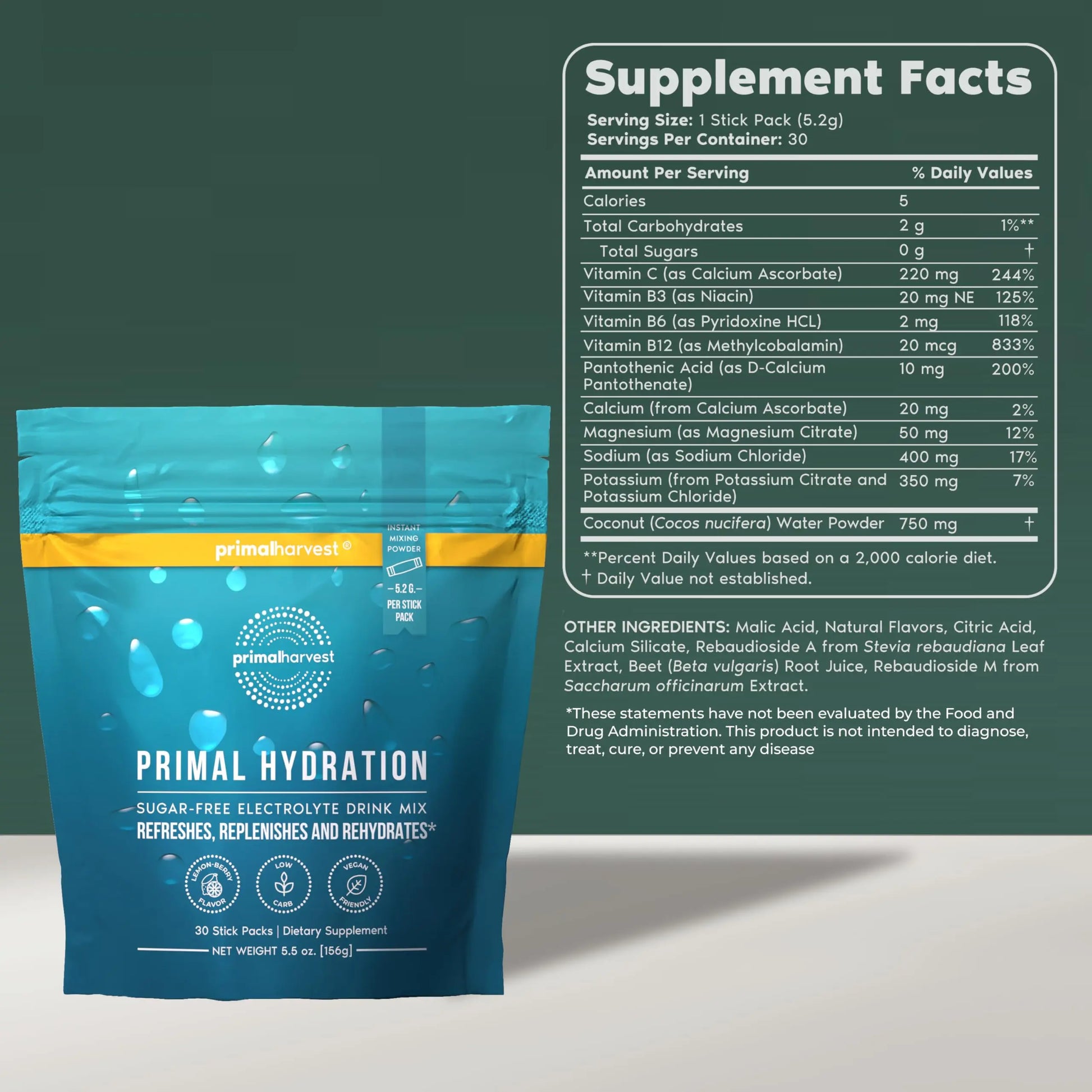 Primal Harvest Electrolytes Powder Packets Primal Hydration, Easy Open Packets, Energy Drink Mix (Lemon Berry, 30 Packs) (1 Bag) Primal Harvest uk supplements