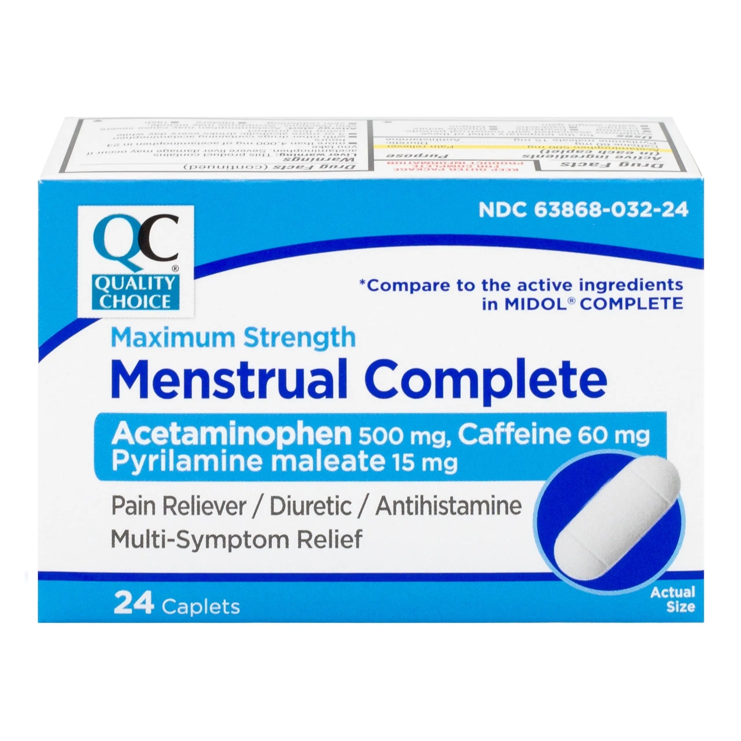Quality Choice Menstrual Complete Max Strength Period Pain Relief, 500 mg of Acetaminophen, 60mg of Caffeine, 15mg of Pyrilamine Maleate, Cramps, Bloating, Headache. 24 Count. Quality Choice uk supplements