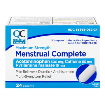 Quality Choice Menstrual Complete Max Strength Period Pain Relief, 500 mg of Acetaminophen, 60mg of Caffeine, 15mg of Pyrilamine Maleate, Cramps, Bloating, Headache. 24 Count. Quality Choice uk supplements