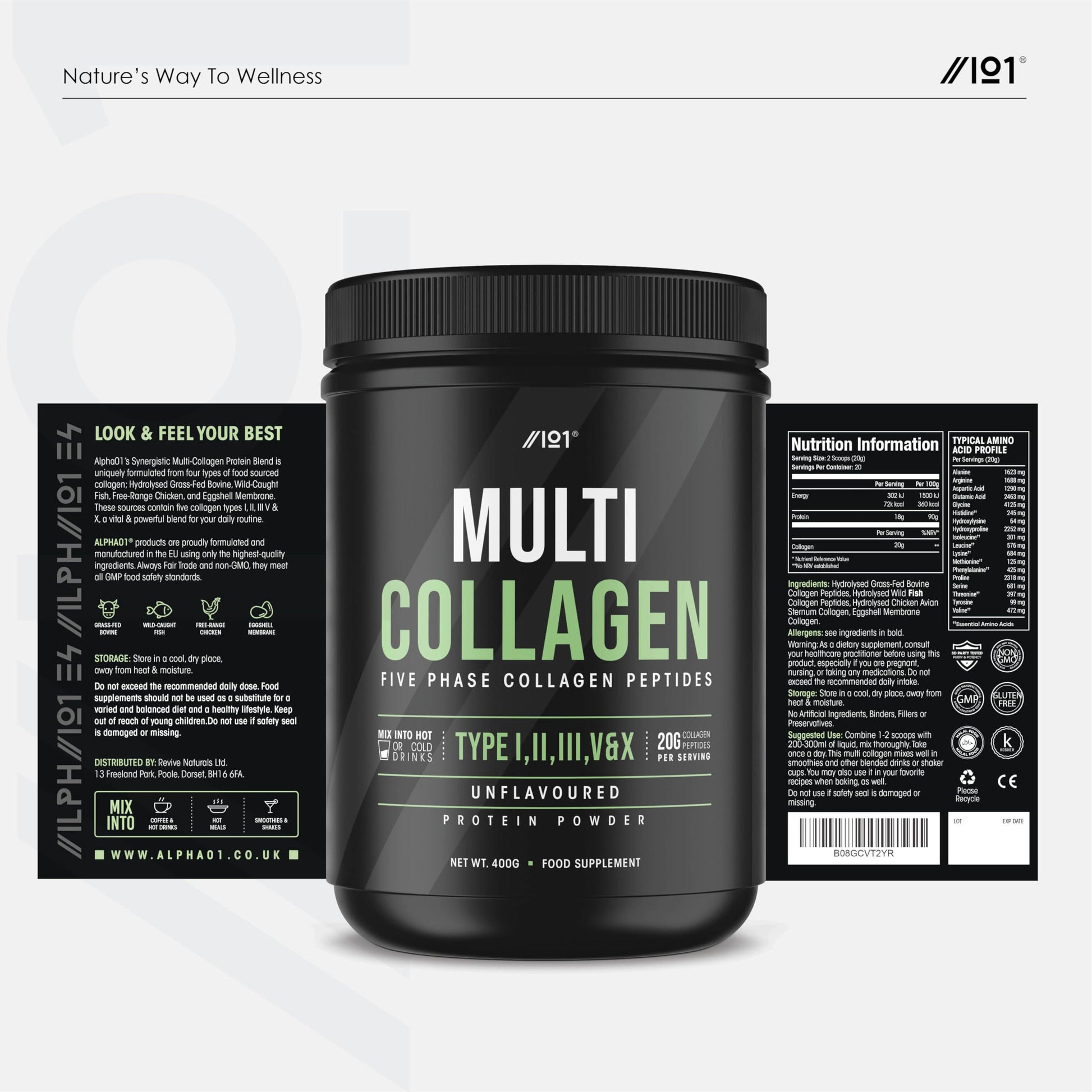 Multi Collagen Protein Powder (400g) - Types I, II, III, V & X - Hydrolyzed Grass Fed Bovine, Wild Caught Fish ALPHA01 uk supplements