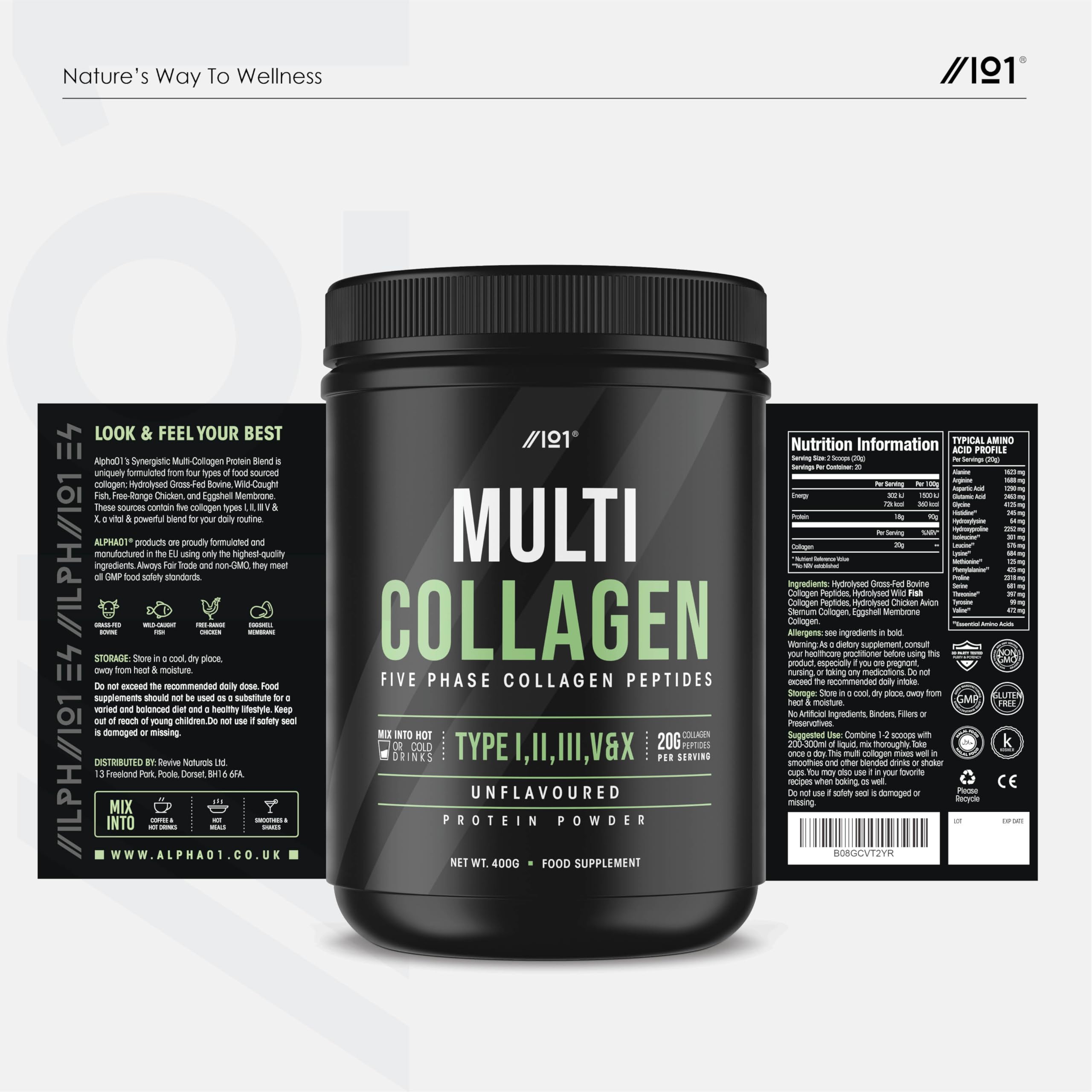 Multi Collagen Protein Powder (400g) - Types I, II, III, V & X - Hydrolyzed Grass Fed Bovine, Wild Caught Fish ALPHA01 uk supplements