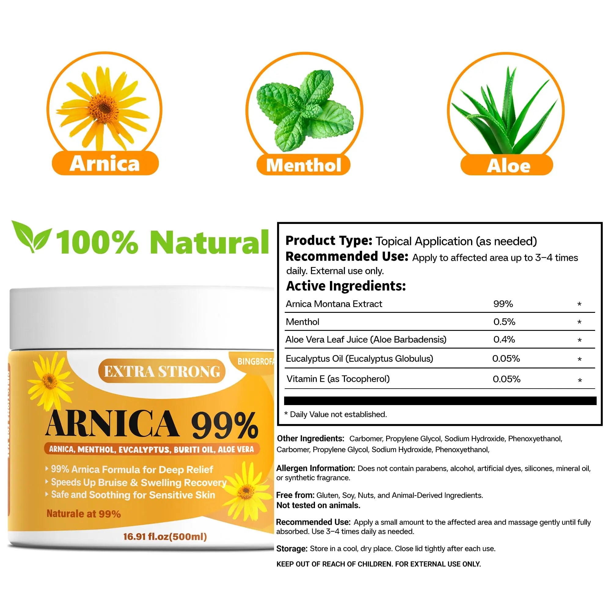 Bingbrofam Arnica Cream 99% Extra Strength Gel Pain Relief for Fast Healing Thin Skin, Seniors Bruises with Menthol, Swelling, Soothing Massage, 16.9 Oz Bingbrofam uk supplements