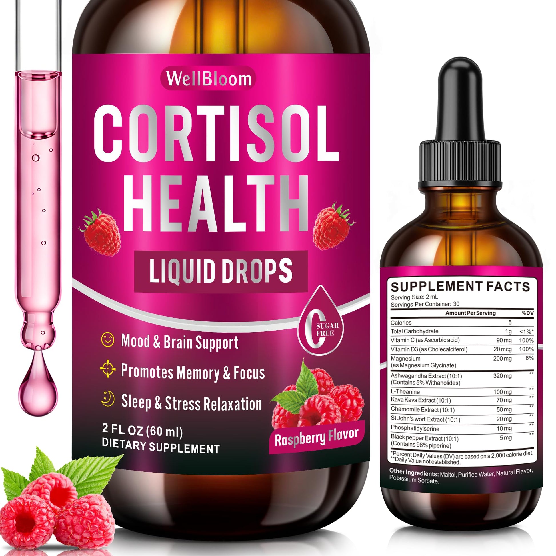 WellBloom Cortisol Reducer for Women & Men with Magnesium Glycinate, Ashwagandha, L-Theanine - Supports Stress Relief, Sleep & Heart Health, Nerves, Muscles - 2 Fl Oz WellBloom uk supplements