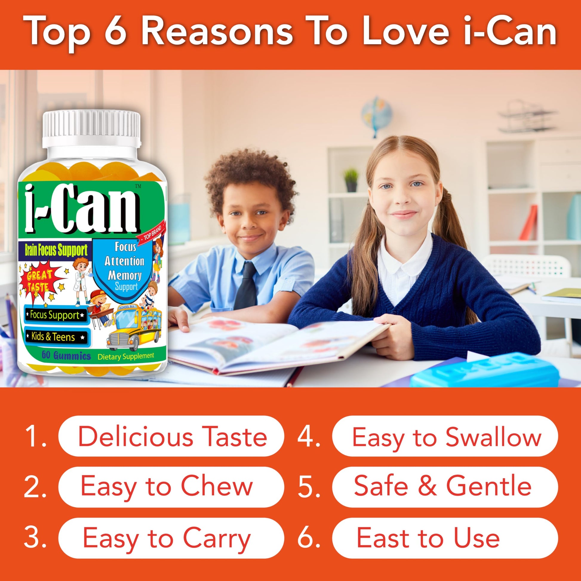 I-Can Focus Gummies for Kids & Teens, Omega 3 Gummies with DHA & EPA, Brain Health, Memory, Attention Support, Teen Brain Focus Vitamins, Non-Fishy Taste, Low Sugar, 60 Count Celebrity LifeStyle Product uk supplements