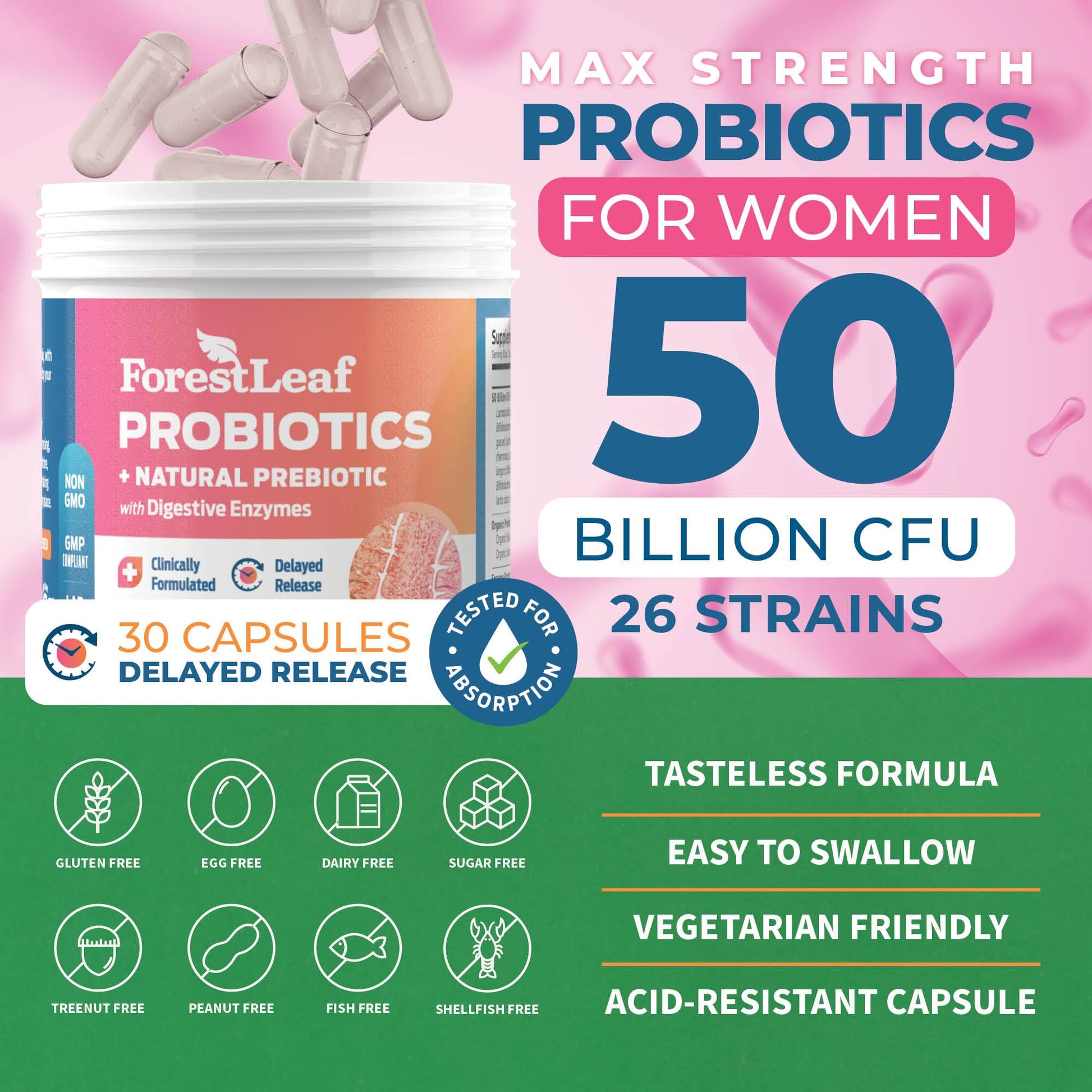 ForestLeaf Womens Probiotic 50 Billion CFU with Organic Prebiotics, Digestive Enzymes ForestLeaf uk supplements