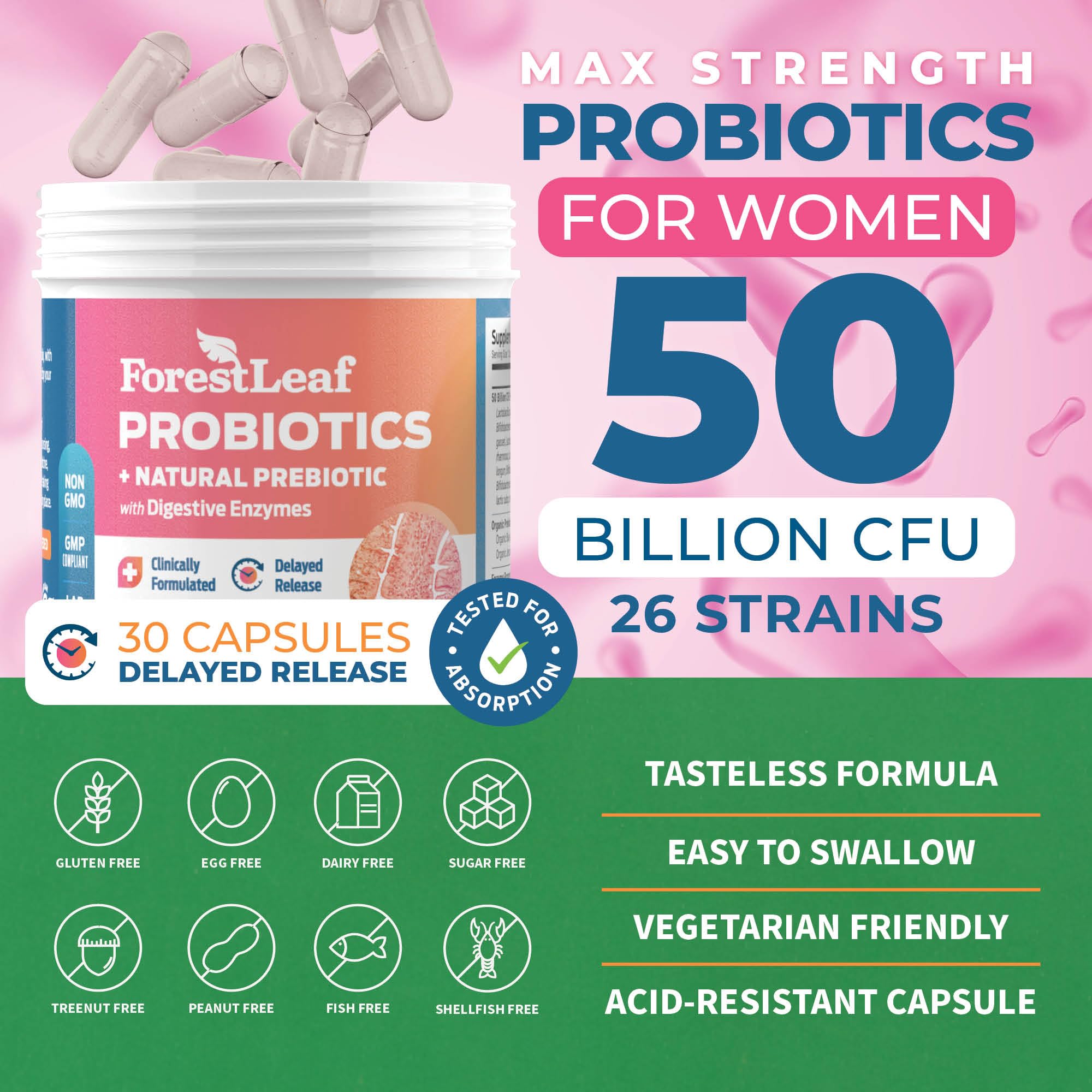 ForestLeaf Womens Probiotic 50 Billion CFU with Organic Prebiotics, Digestive Enzymes ForestLeaf uk supplements
