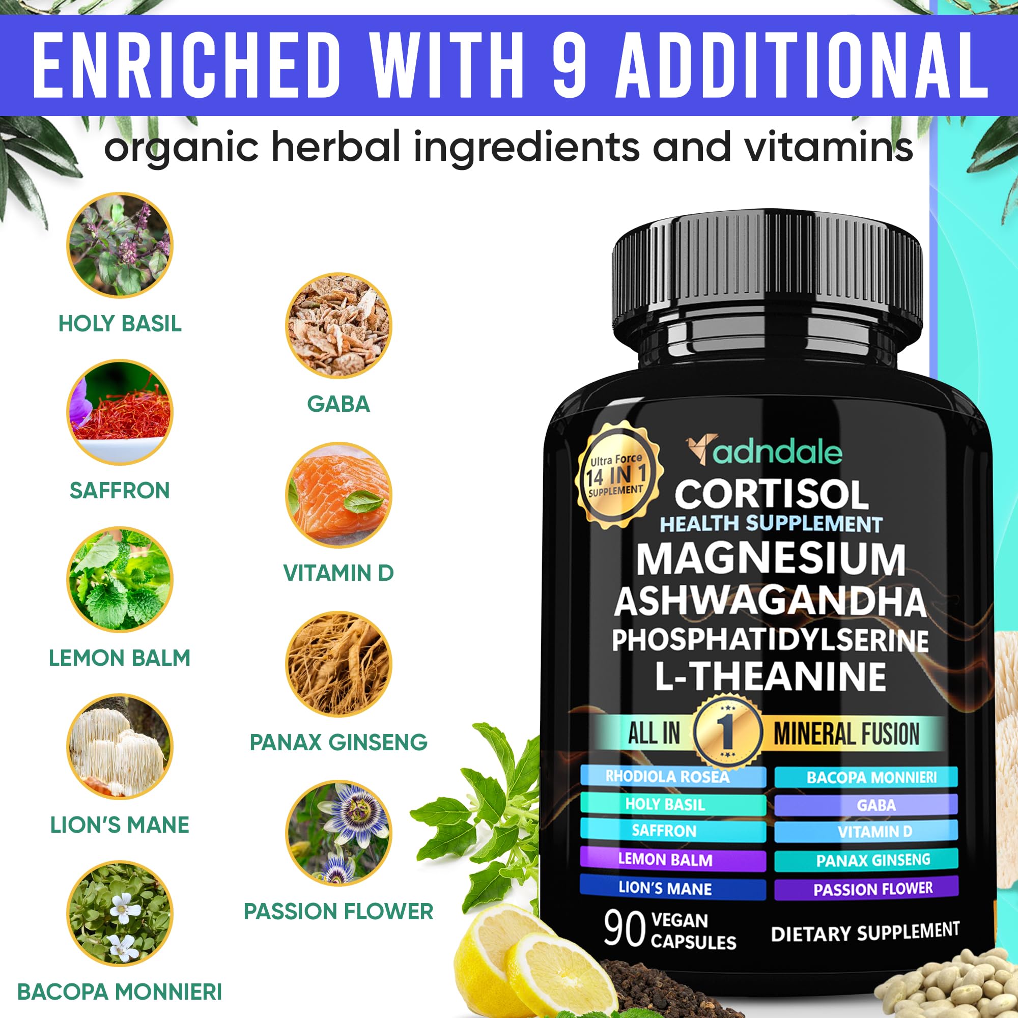 Adndale Cortisol Supplements for Women. Cortisol Reducer 14-in-1 Ashwagandha Supplement with Magnesium Glycinate, L-Theanine & More. 90 Capsules. Adndale uk supplements