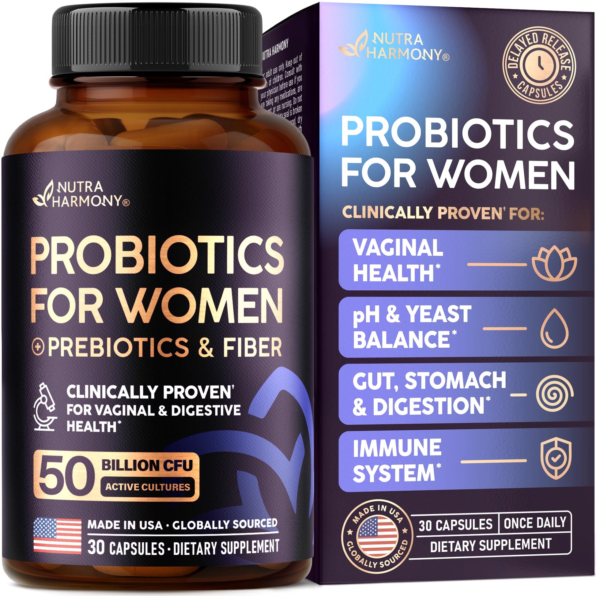 Probiotics for Women 50 Billion CFU - Vaginal Probiotics Clinically Proven for Yeast & pH Balance - Digestion & Bloating Relief - 8 Strains + Prebiotics - Delay Release - Made in USA, 30 Capsules NUTRAHARMONY uk supplements