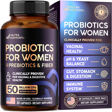 Probiotics for Women 50 Billion CFU - Vaginal Probiotics Clinically Proven for Yeast & pH Balance - Digestion & Bloating Relief - 8 Strains + Prebiotics - Delay Release - Made in USA, 30 Capsules NUTRAHARMONY uk supplements