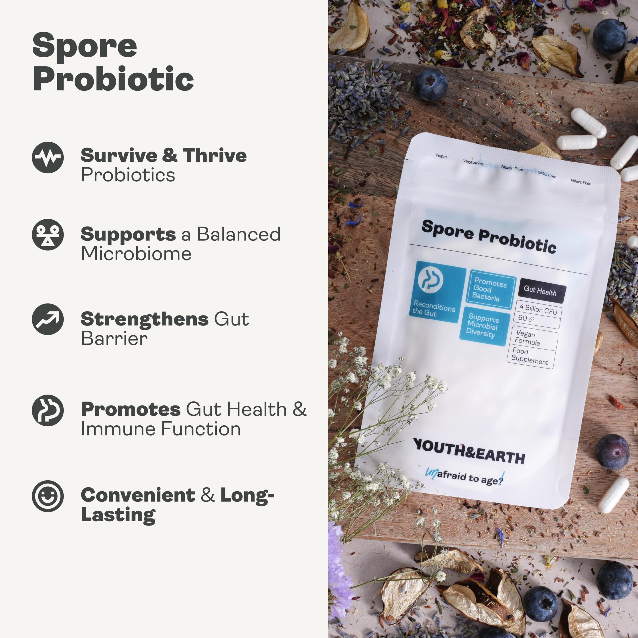Youth & Earth Spore Probiotics 4 Billion CFU Count - Probiotics for Gut Health & Immune Support | Gut Health Supplements for Digestive Health | 60 Capsules Youth & Earth uk supplements