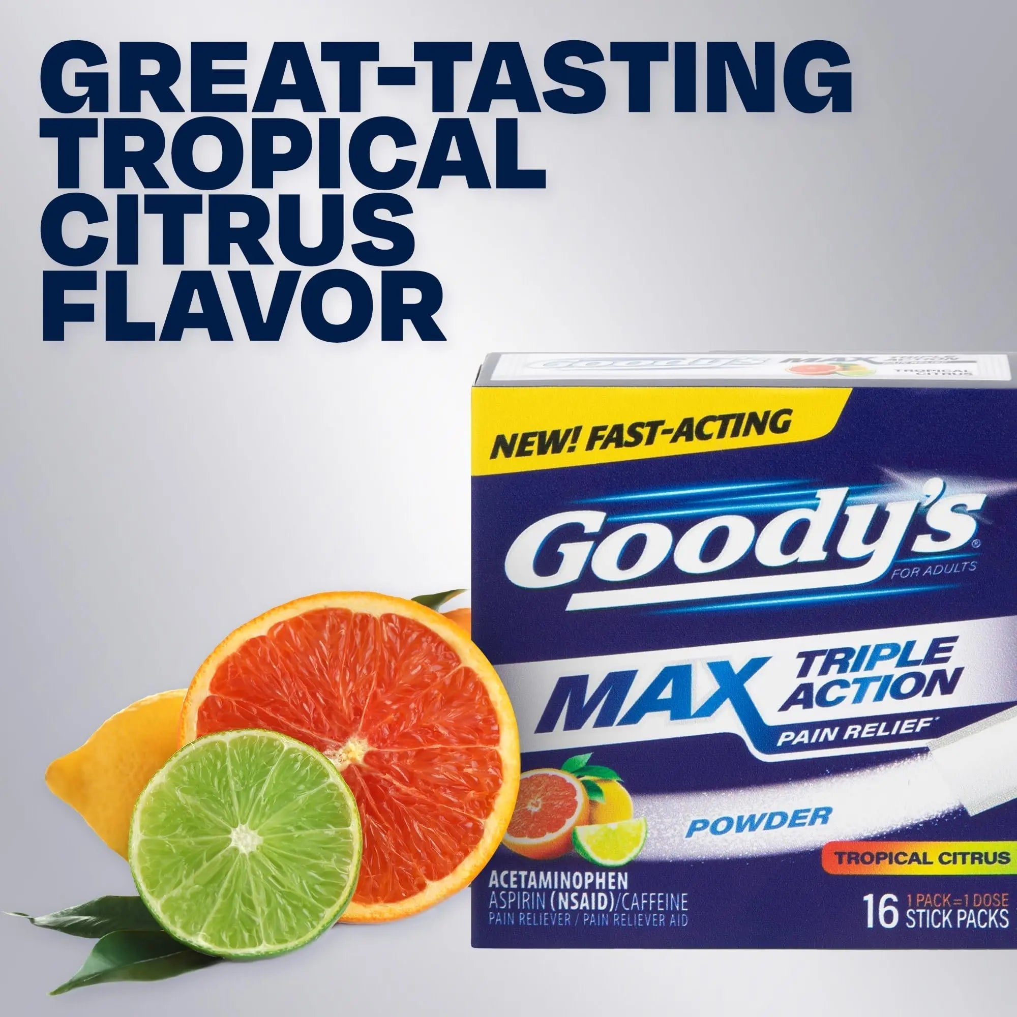 Goody’s Max Triple Action Pain Relief – Headache Relief Powder with Acetaminophen, Aspirin & Caffeine for Fast, Effective Relief of Tough Headaches, Tropical Citrus, 16 Count Goody's uk supplements