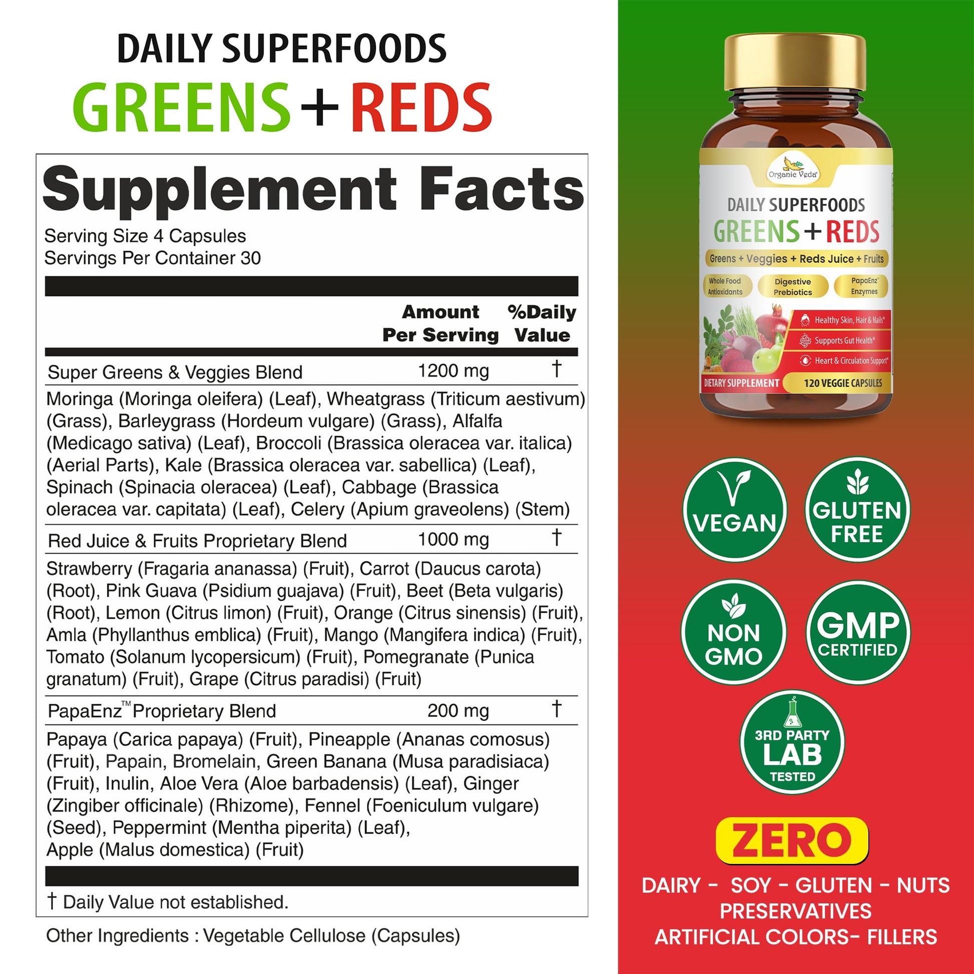 Organic Veda Super Greens & Reds Capsules - Organic Superfoods, Daily Greens, Red Juice, Fruits & Vegetables Supplement - Papaya Enzymes, Digestive Herbs, Bromelain, Antioxidants - 120 Veggie Capsules Organic Veda uk supplements