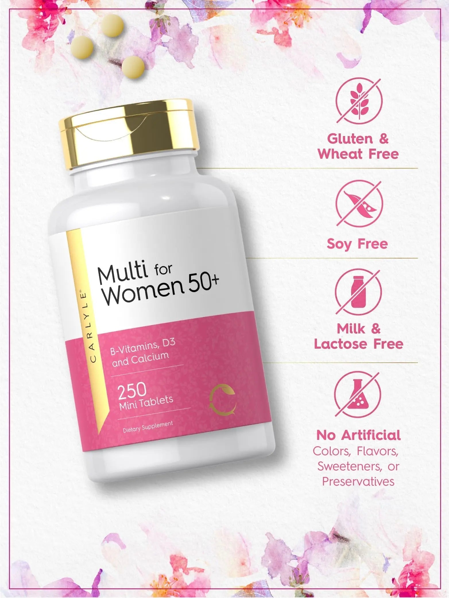 Carlyle Multivitamin for Women 50 Plus | 250 Mini Tablets | Iron Free Supplement | Vitamins A, B12, C, D3, Folate (as Folic Acid) and Calcium | Carlyle uk supplements