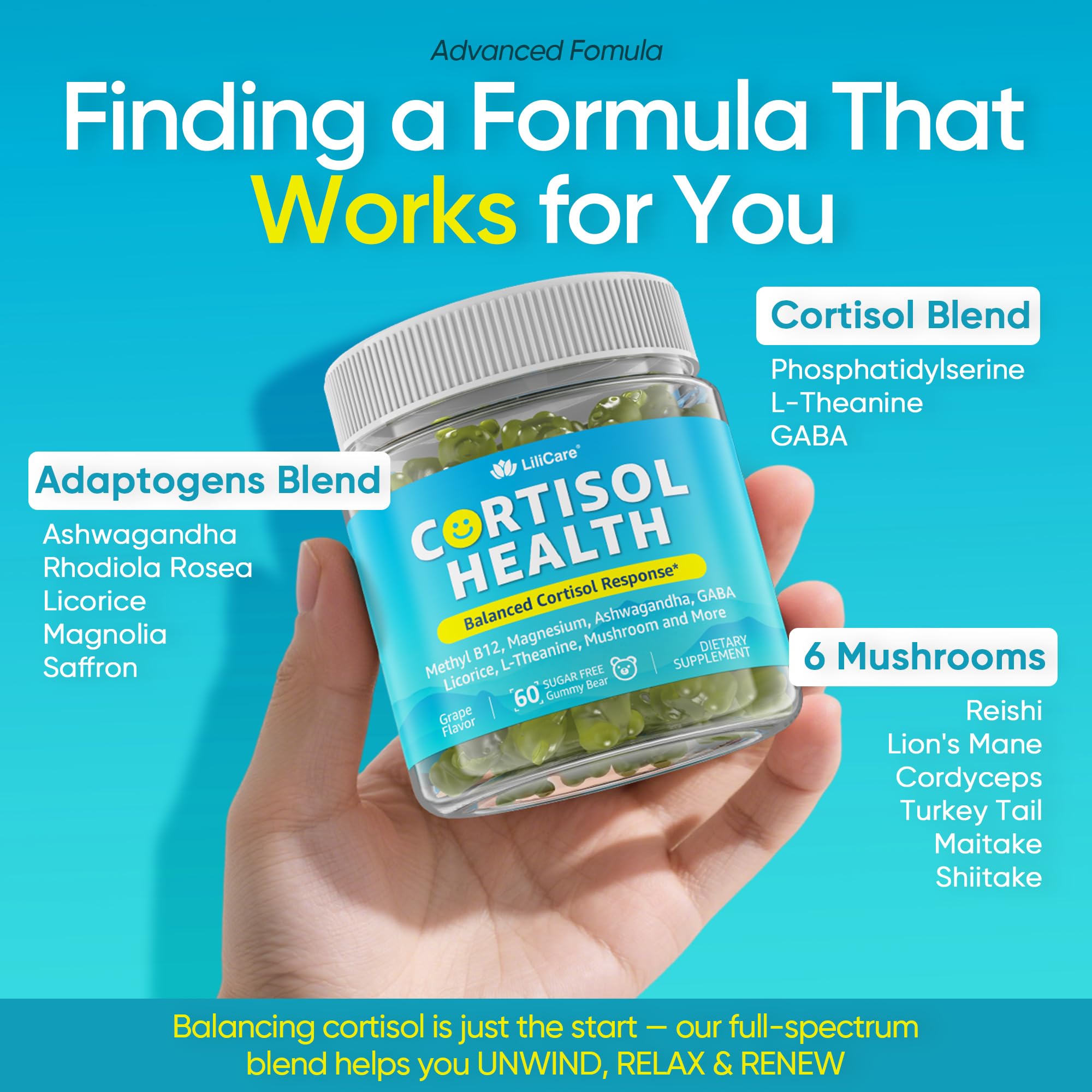 Cortisol Gummies for Women & Men, Sugar Free Cortisol Reducer Supplements w/ Magnesium, Ashwagandha, Mushroom, L-theanine, Rhodiola, Vitamin B6 B12 for Cortisol Detox, Relax, Sleep Support 2 Pack LILICARE uk supplements
