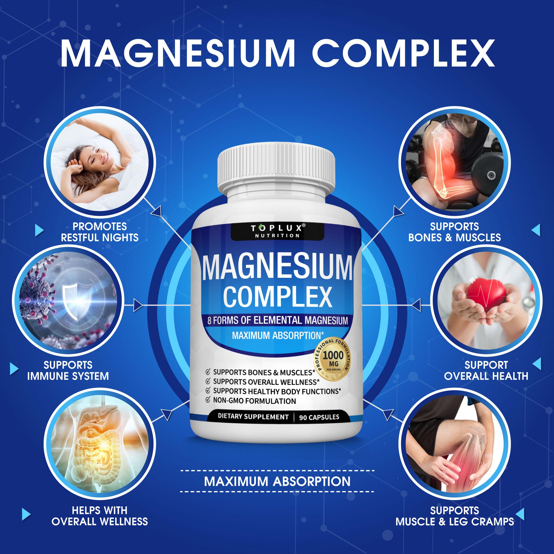 Magnesium Complex Supplement 8 Elemental 1000mg - Magnesium Glycinate, Citrate, Malate, Taurate, Chelated for Easy Absorption for Bones, Muscle, Recovery, Energy, Vegan Non-GMO 90 Capsules Toplux uk supplements