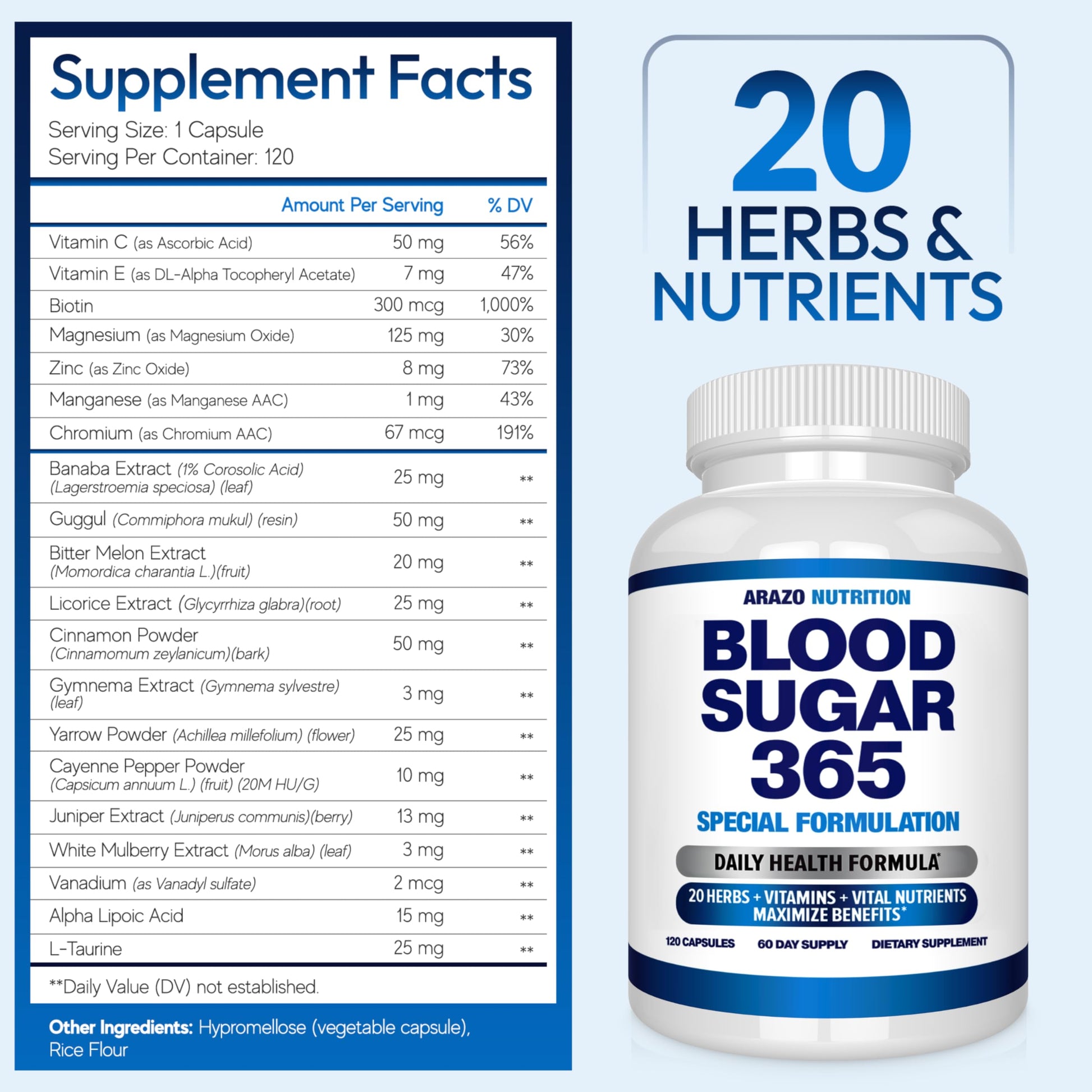 Arazo Nutrition Blood Sugar 365 Supplement – Supports Healthy Energy Levels - 120 Herbal Pills - 60 Day Supply Aus Healthcare uk supplements