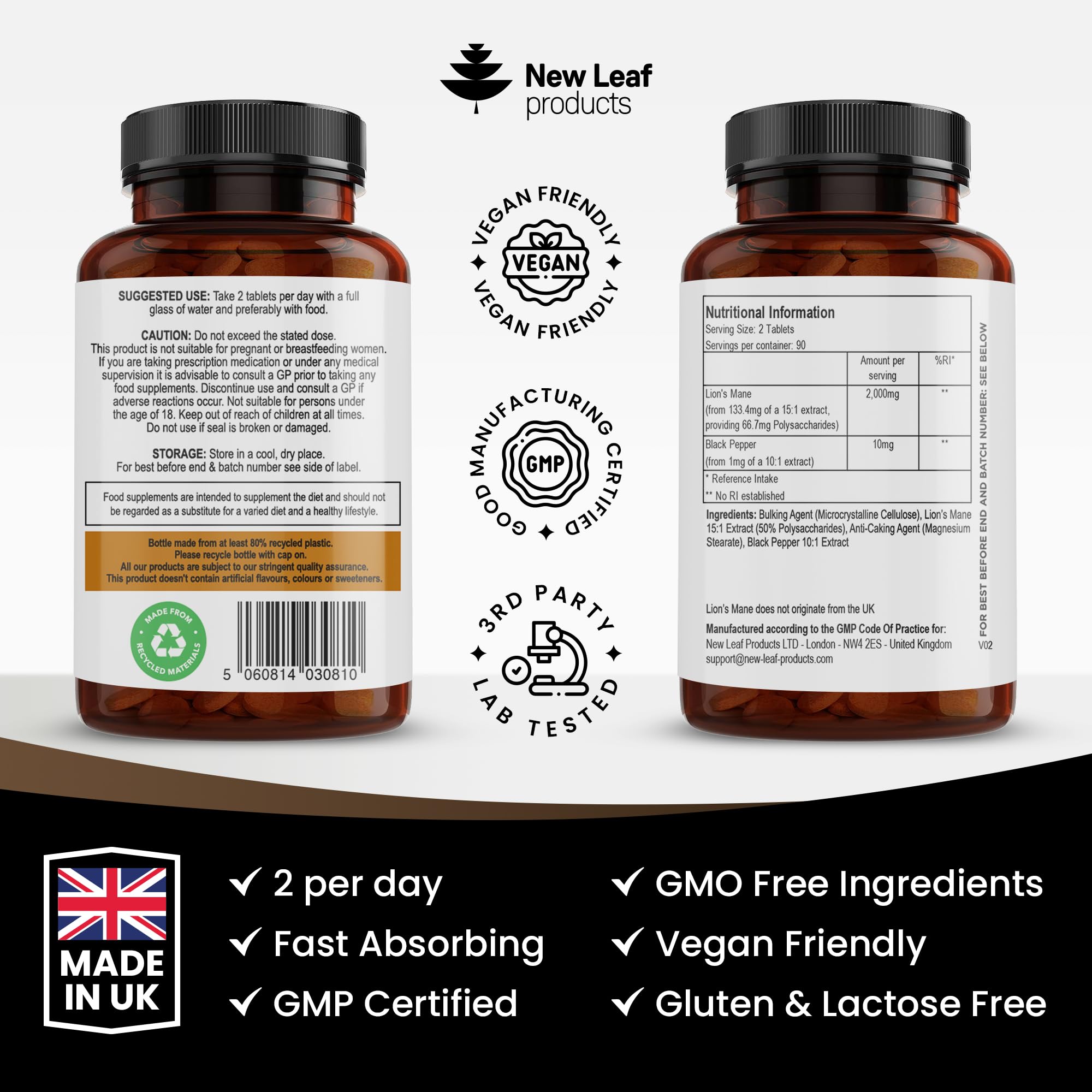 Lions Mane Mushroom Extract Supplement 2000mg - 180 High Strength Vegan Tablets NEW LEAF PRODUCTS uk supplements