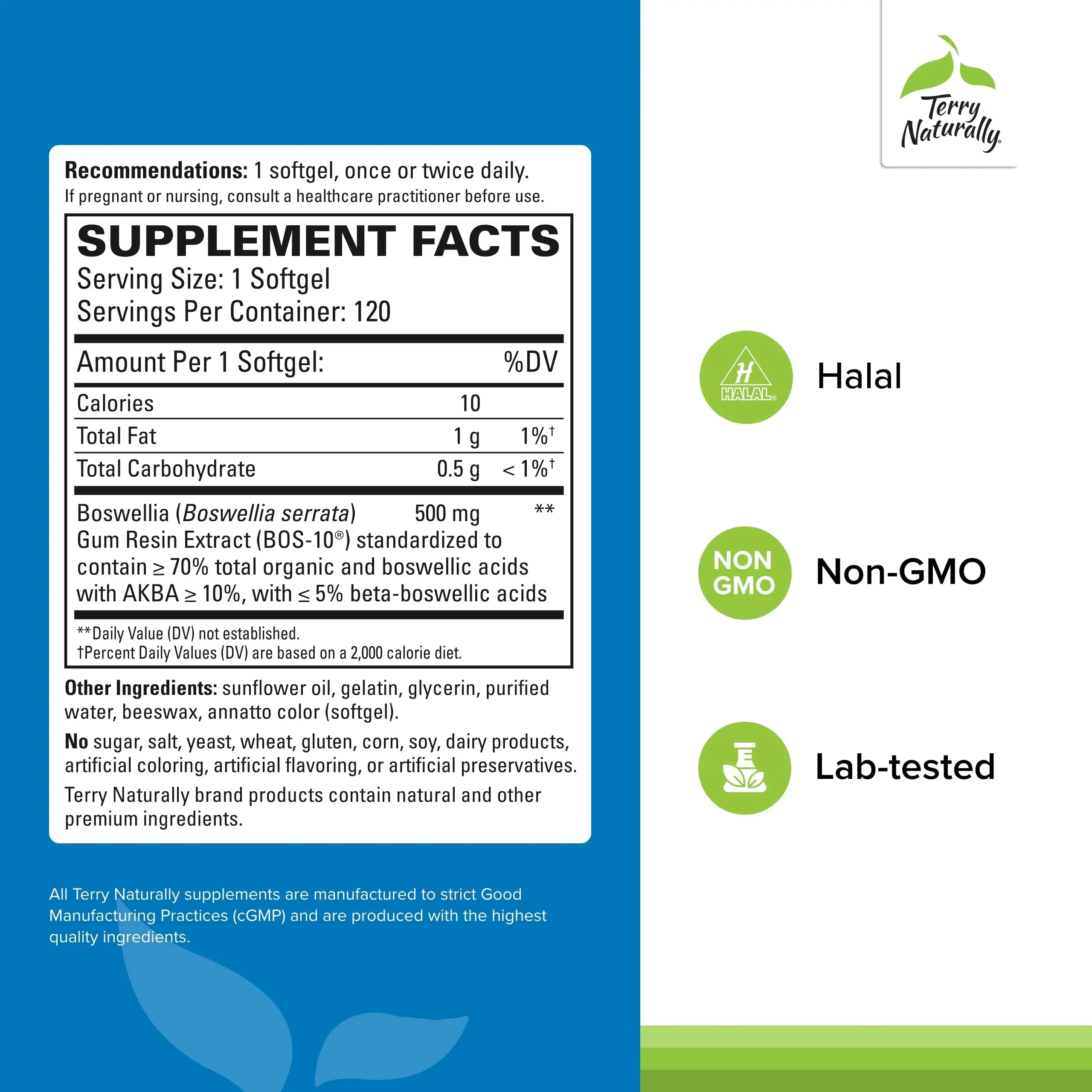 Terry Naturally BosMed 500 Extra Strength - Boswellia Serrata Extract Supplement - Supplement for Healthy Lung Support - Herbal Supplement Formula with High Levels of AKBA - 120 Softgels Terry Naturally uk supplements