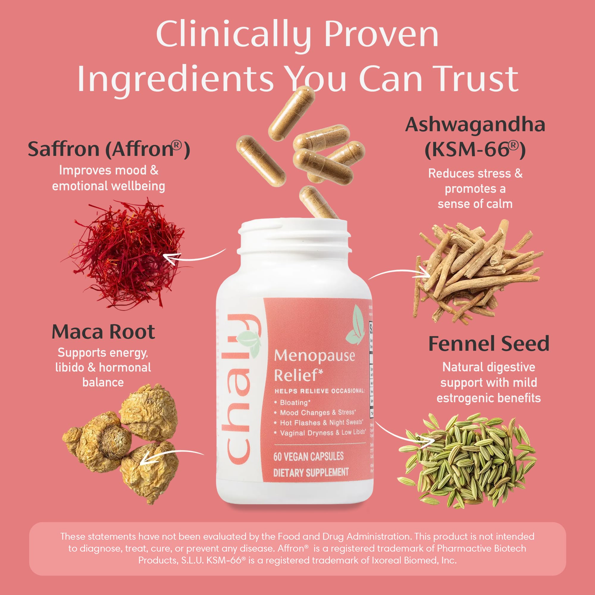 Chaly Menopause Supplements for Women with Ashwagandha KSM 66 and Saffron | Hot Flash, Bloating, Libido, Vaginal Dryness, Stress, and Mood Support Supplement | Menopause Relief Supplements | 60 Count Chaly uk supplements