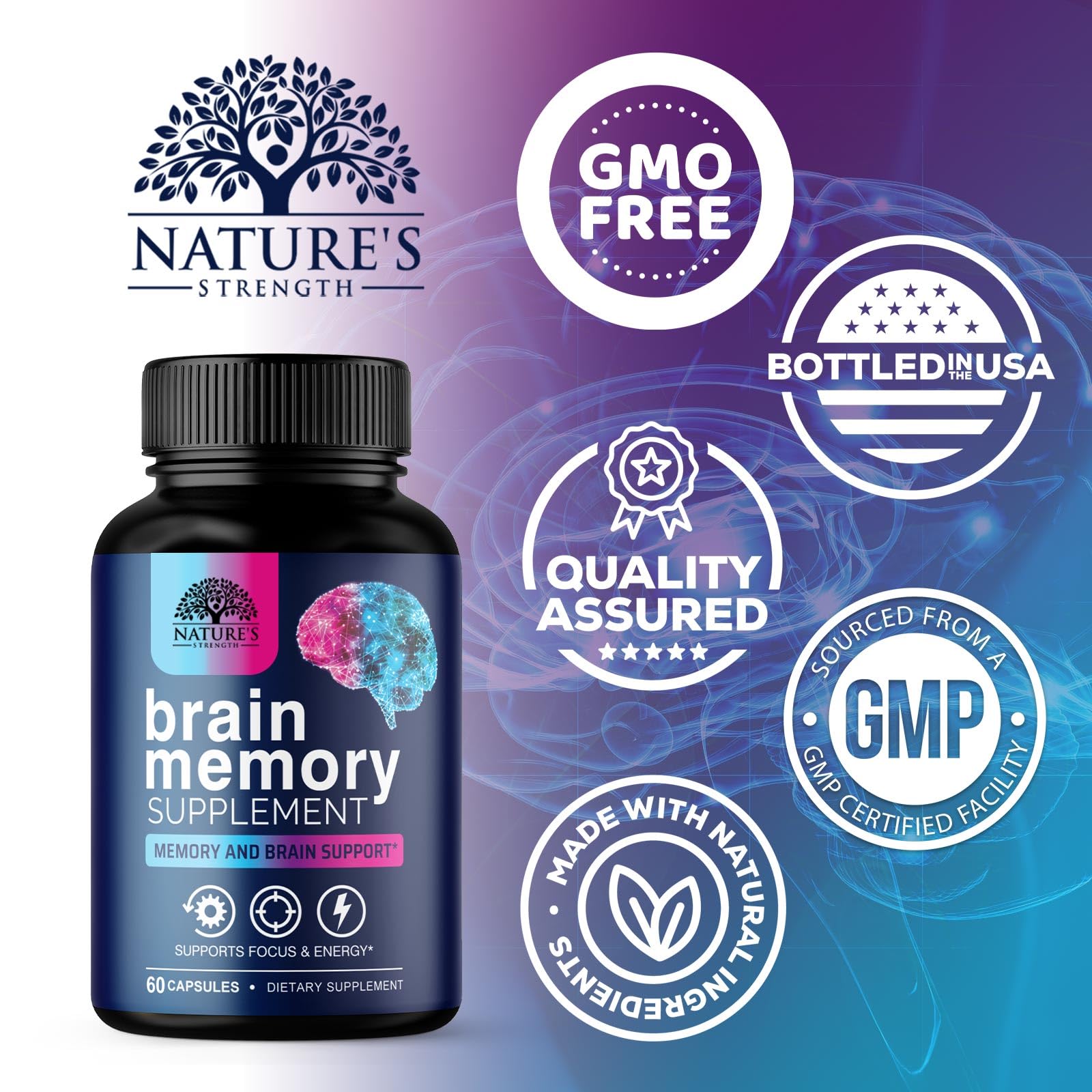 Brain Memory Supplement Pills - 3X Strength Nootropics for Concentration, Clarity & Focus Support - Brain Health Cognitive Vitamins with Bacopa, Phosphatidylserine & DMAE, Brain Booster - 60 Capsules Nature's Strength uk supplements