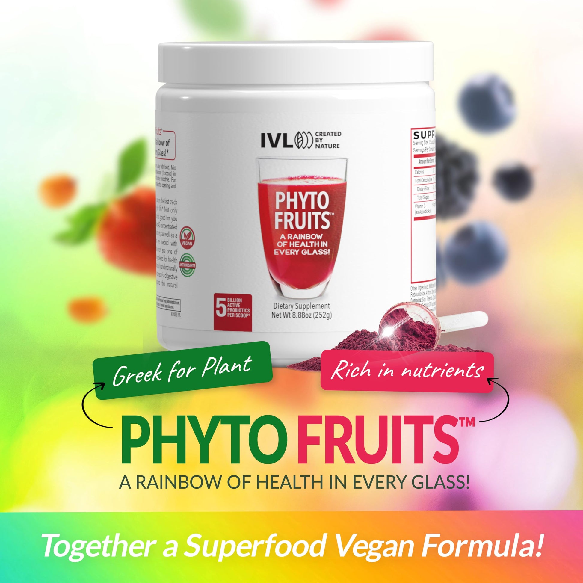 IVL - Phyto Fruits Superfood Powder - Support Energy - Digestive & Probiotic - Antioxidant - Vegan - 40 Fruits and Nutrients Plus 6 Probiotic Strains (30 Servings, 8.88 oz) IVL uk supplements