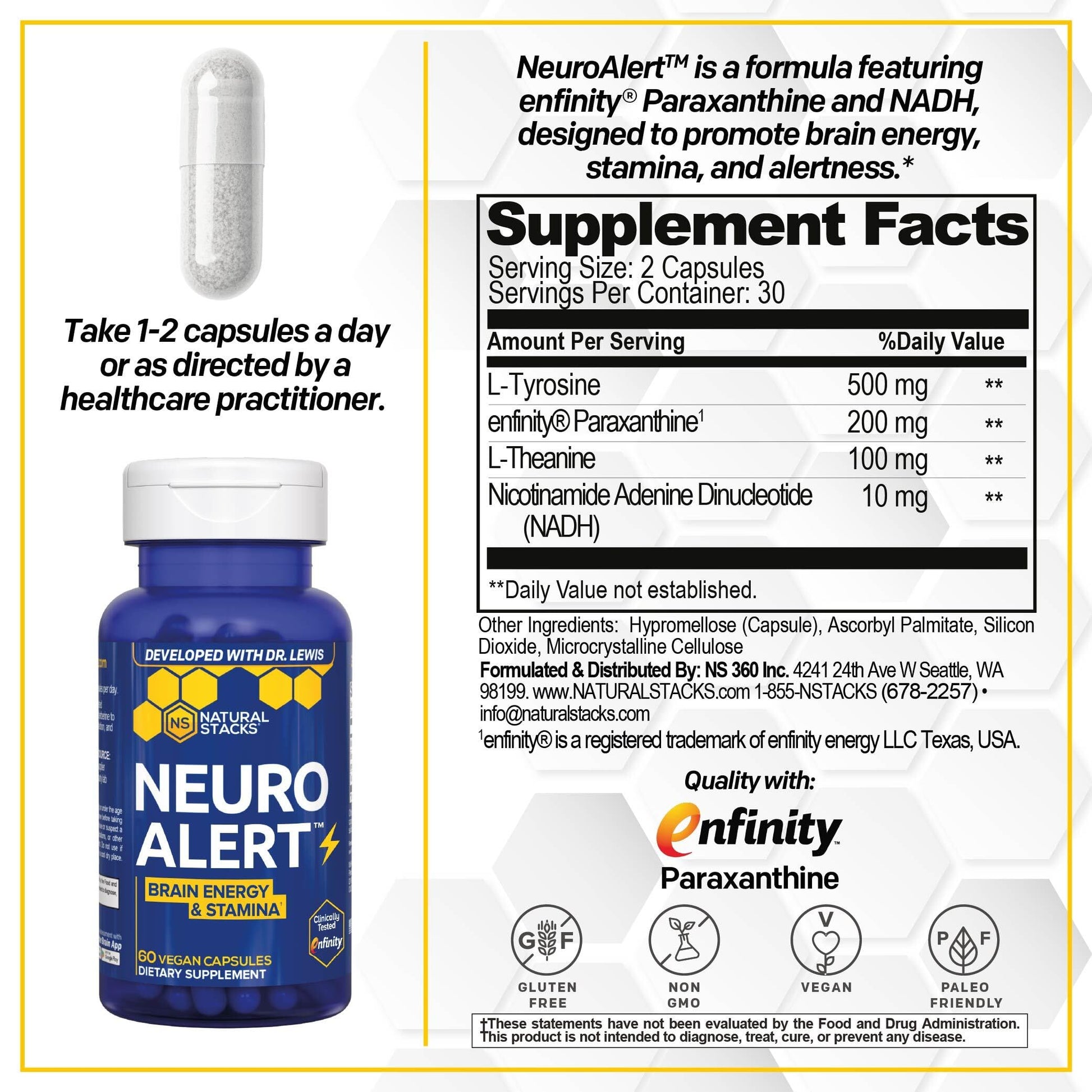 NATURAL STACKS NeuroAlert - 200mg Paraxanthine Energy Supplement - Caffeine Free Focus w/ 500mg L-Tyrosine & 100mg L-Theanine - 10mg NADH for Cellular Energy Support - 60 Paraxanthine Capsules NATURAL STACKS uk supplements