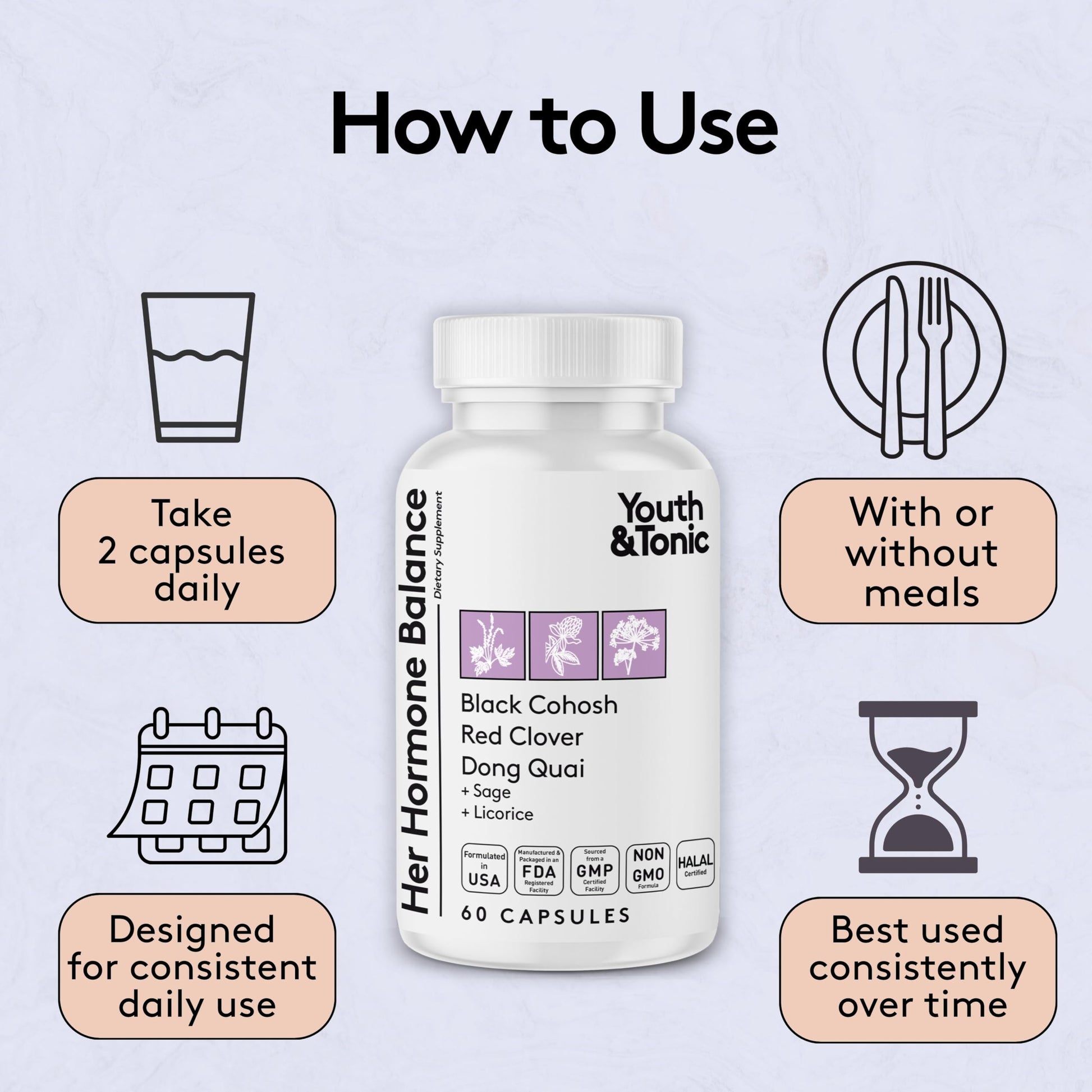 Youth & Tonic Her Hormone Balance – Menopause Supplement for Women, Perimenopause Support, Non-Hormonal Herbal Formula with Black Cohosh for Hot Flashes & Night Sweats, 60 Capsules Youth & Tonic uk supplements