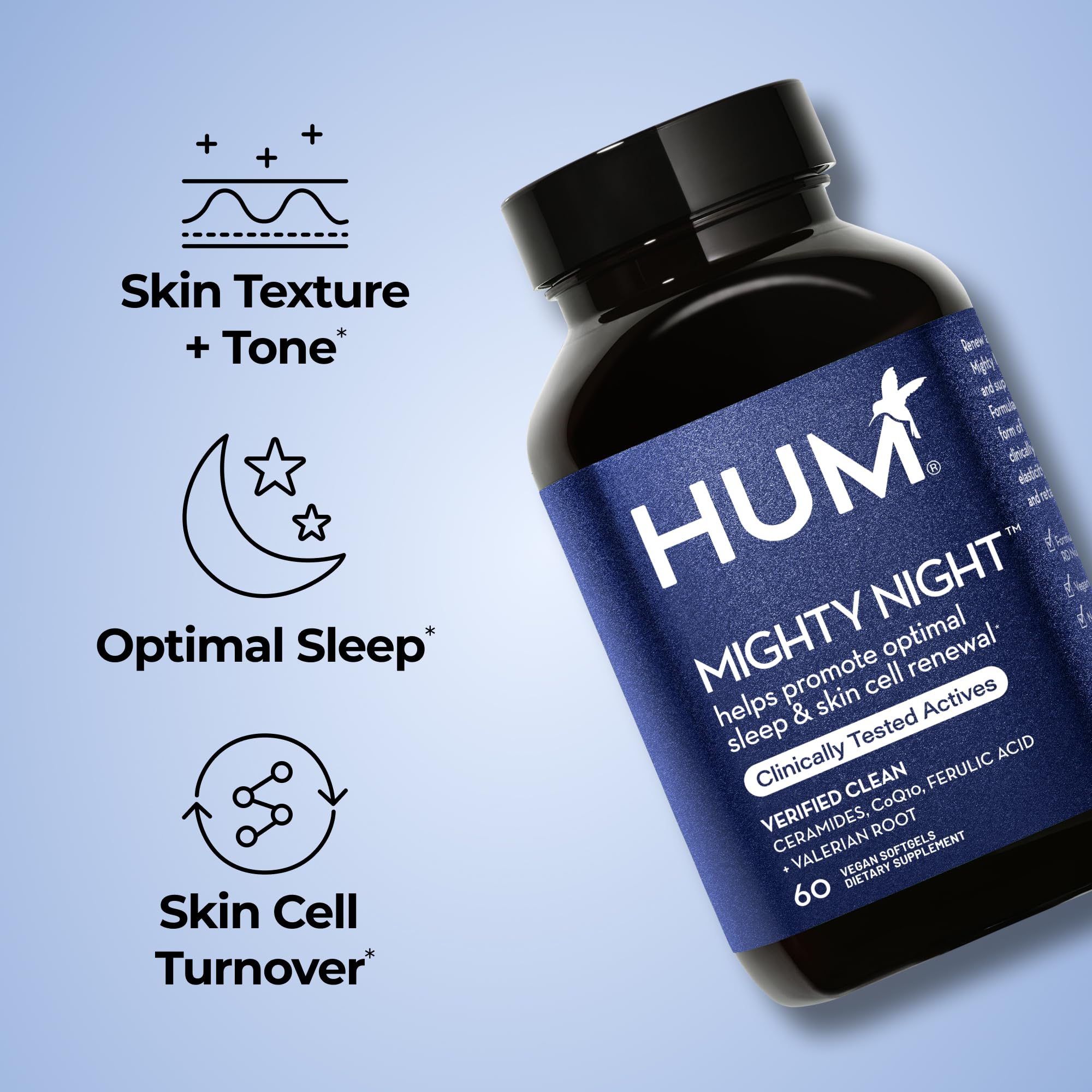 HUM Mighty Night Nighttime Sleep Supplement for Skin Care, CoQ10, Valerian Root & Ferulic Acid to Support Cell Turnover, Skin Vitamins for Women and Men, Overnight Beauty Vitamins, 60 Vegan Softgels HUM uk supplements